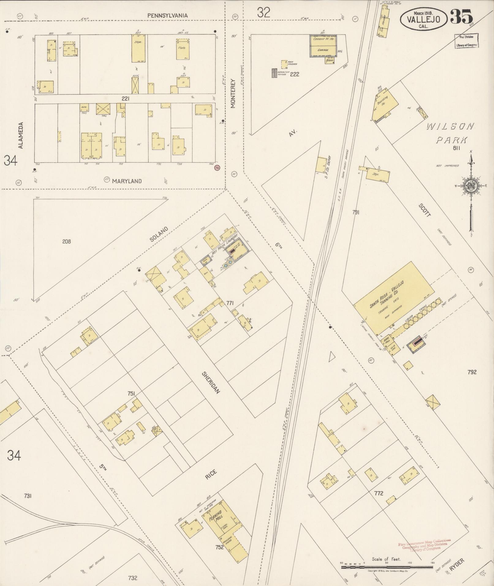 Sanborn Fire Insurance Map from Vallejo, Solano County, California (1919), Sheet #0035 - Complete Map Set gallery image, historic Sanborn map, vintage wall art, California California