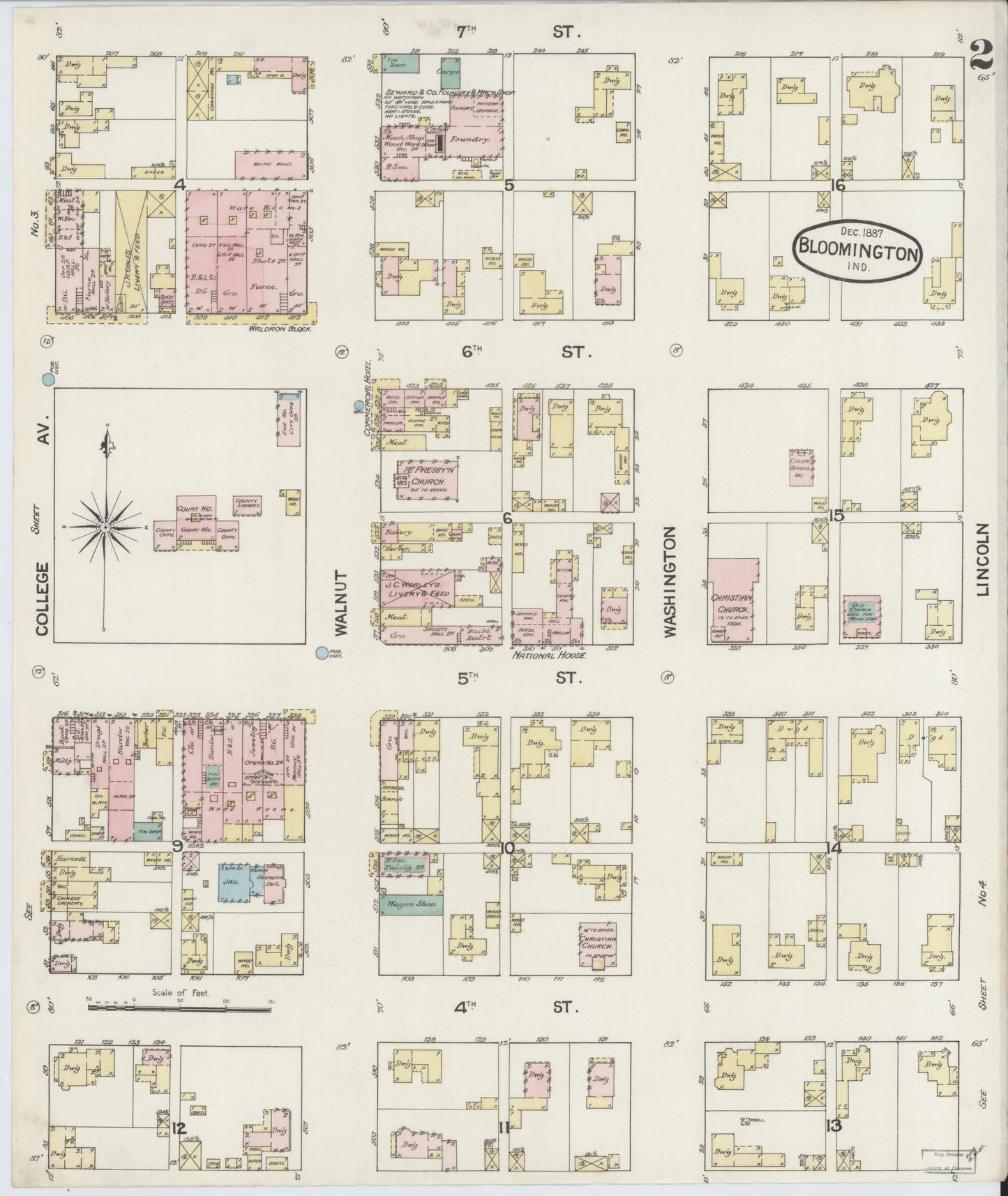 Sanborn Fire Insurance Map from Bloomington, Monroe County, Indiana (1887), Sheet #0002 - Complete Map Set gallery image, historic Sanborn map, vintage wall art, Indiana Indiana