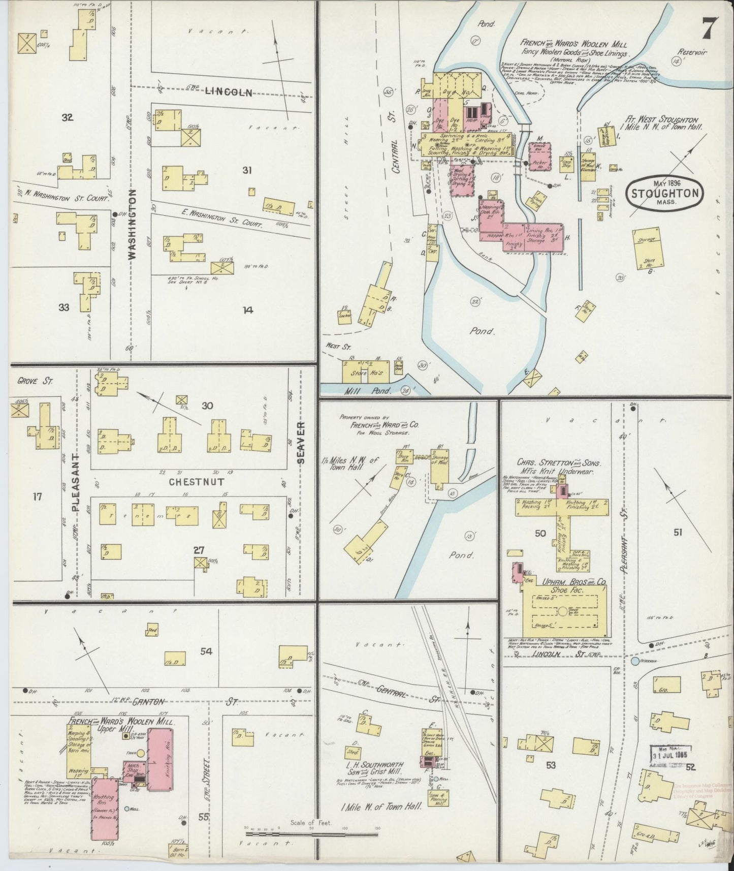 Sanborn Fire Insurance Map from Stoughton, Norfolk County, Massachusetts (1896), Sheet #0007 - Historic Sanborn Fire Insurance Map Print, vintage old map wall art, antique decor, genealogy gift, Massachusetts Massachusetts map