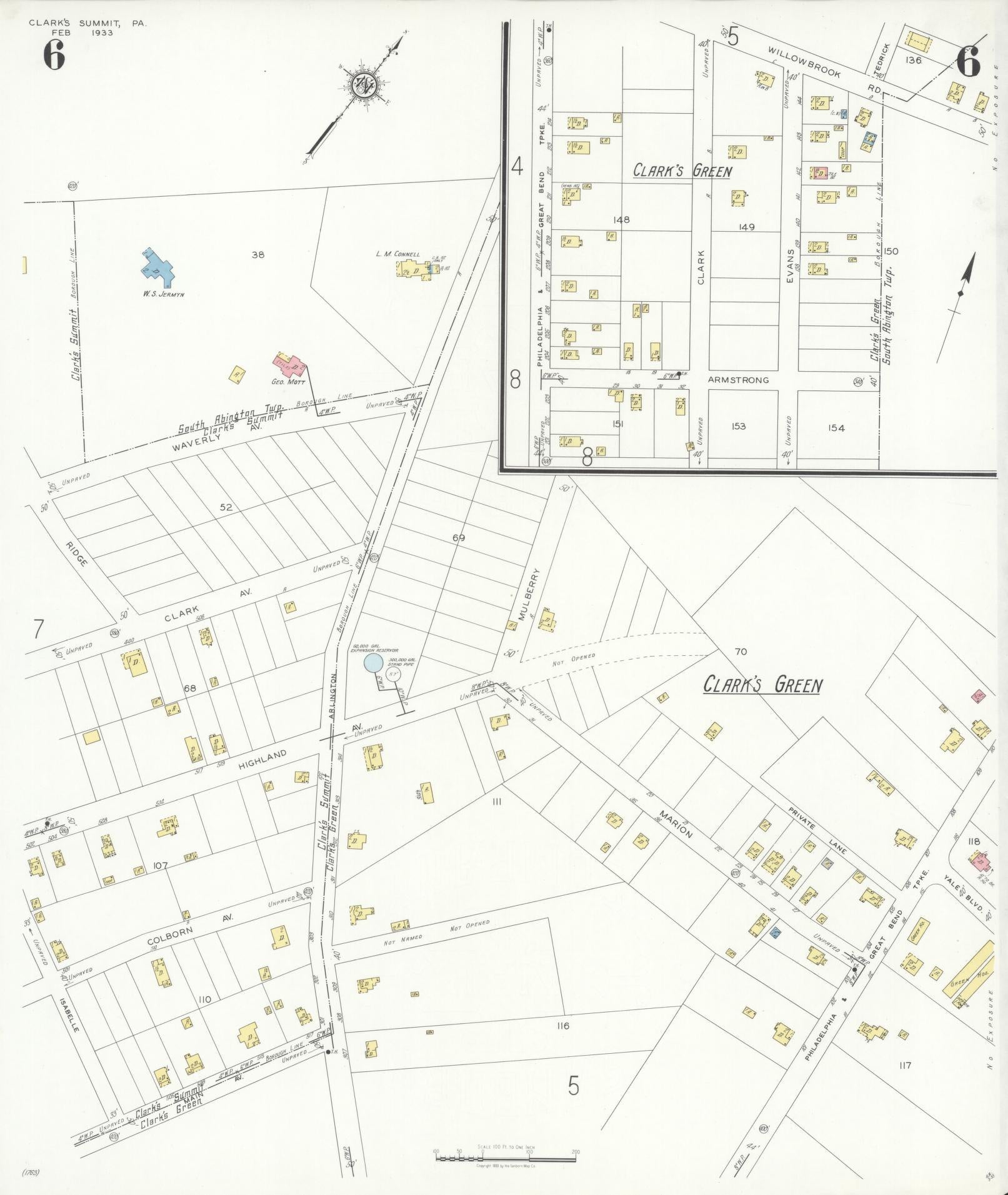 Sanborn Fire Insurance Map from Clark's Summit, Lackawanna County, Pennsylvania (1933), Sheet #0006 - Historic Sanborn Fire Insurance Map Print, vintage old map wall art, antique decor, genealogy gift, Pennsylvania Pennsylvania map