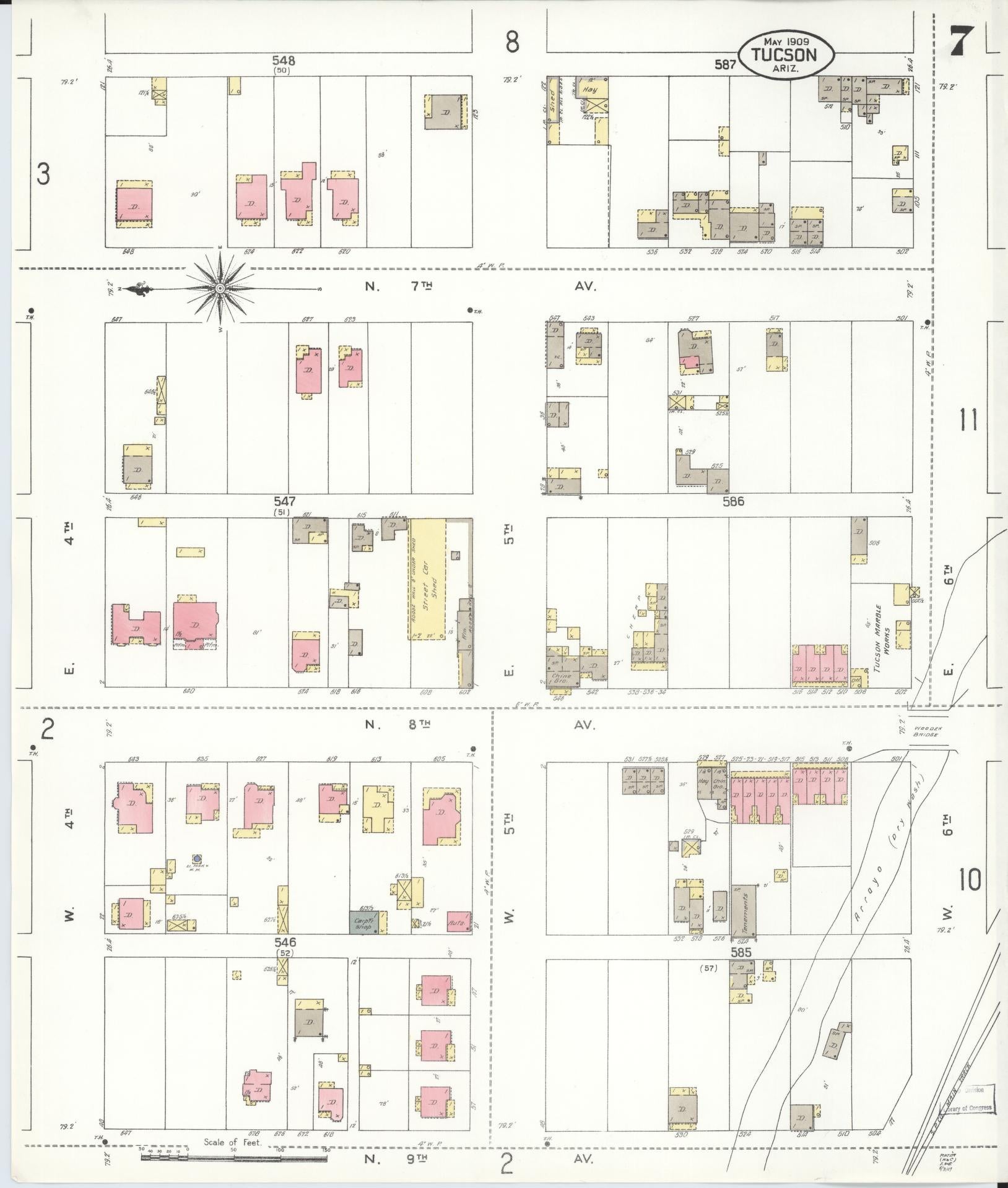 Sanborn Fire Insurance Map from Tucson, Pima County, Arizona (1909), Sheet #0007 - Complete Map Set gallery image, historic Sanborn map, vintage wall art, Arizona Arizona