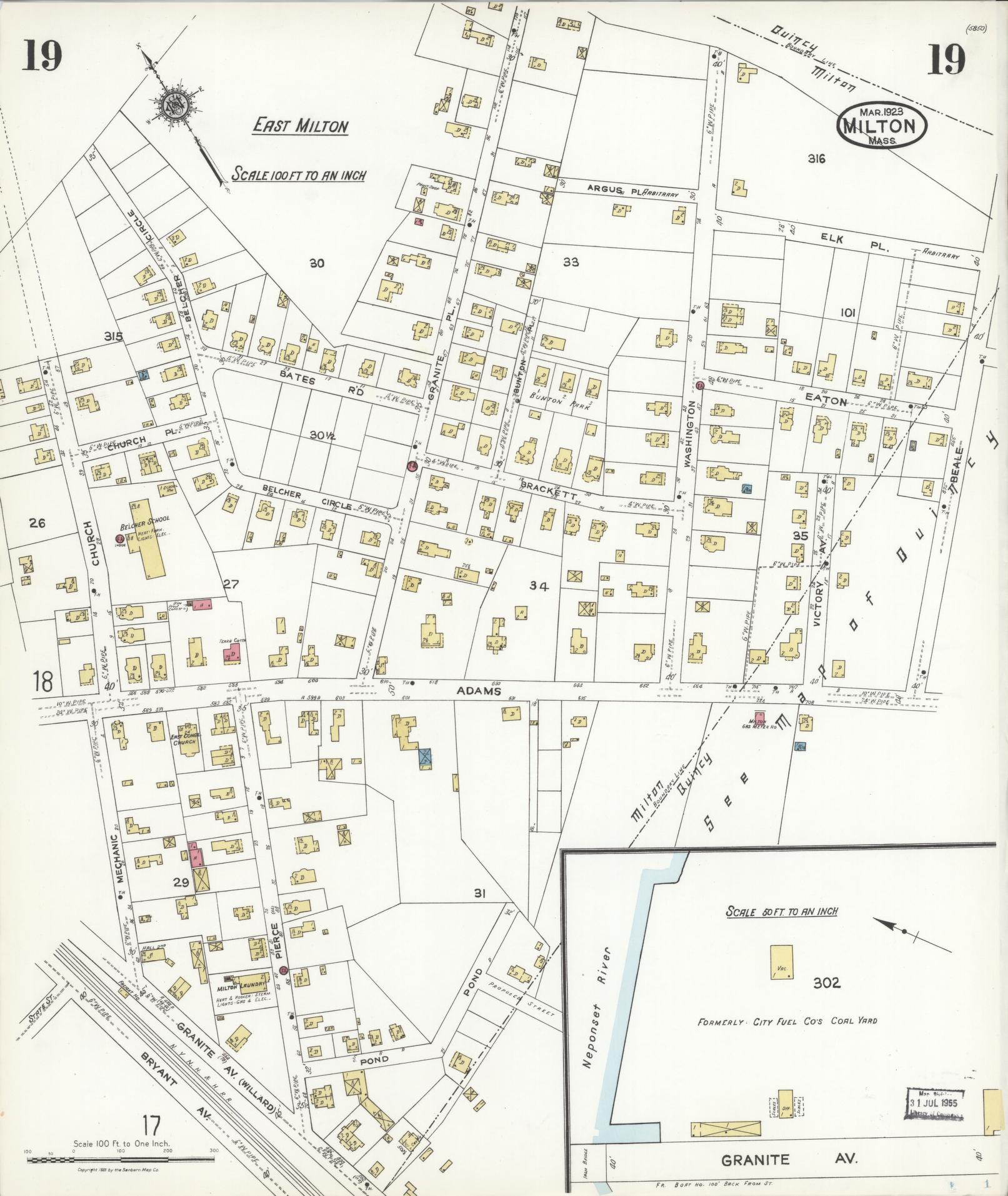 Sanborn Fire Insurance Map from Milton, Norfolk County, Massachusetts (1923), Sheet #0019 - Historic Sanborn Fire Insurance Map Print, vintage old map wall art, antique decor, genealogy gift, Massachusetts Massachusetts map