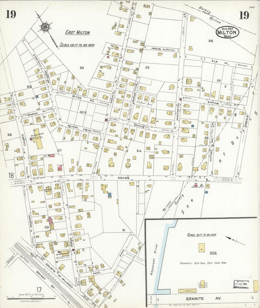 Sanborn Fire Insurance Map from Milton, Norfolk County, Massachusetts (1923), Sheet #0019 - Historic Sanborn Fire Insurance Map Print, vintage old map wall art, antique decor, genealogy gift, Massachusetts Massachusetts map