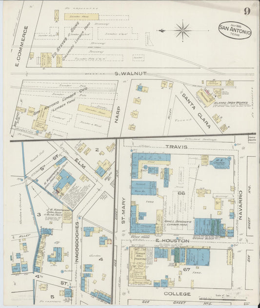 Sanborn Fire Insurance Map from San Antonio, Bexar County, Texas (1885), Sheet #0009 - Historic Sanborn Fire Insurance Map Print, vintage old map wall art, antique decor, genealogy gift, Texas Texas map