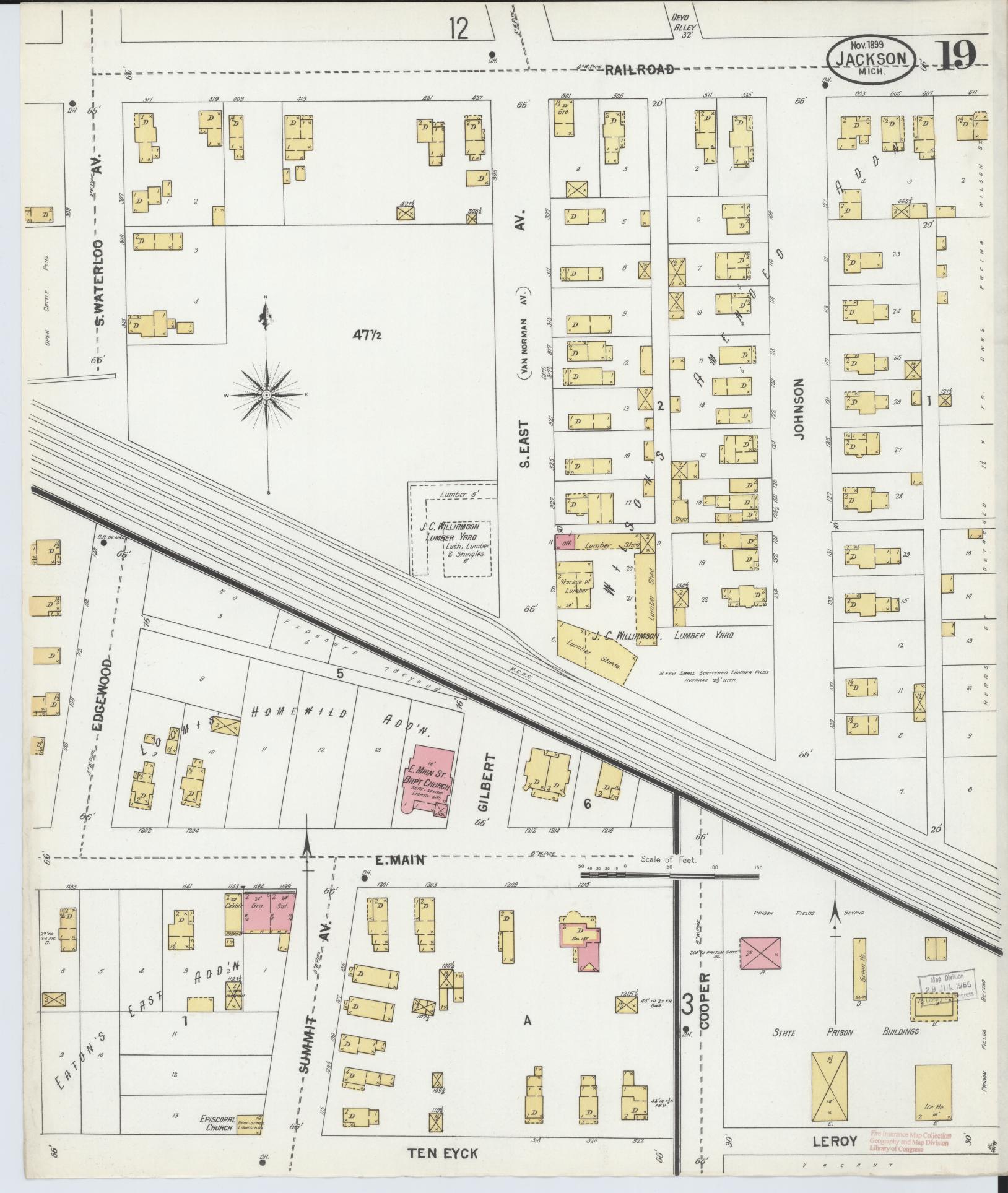 Sanborn Fire Insurance Map from Jackson, Jackson County, Michigan (1899), Sheet #0019 - Historic Sanborn Fire Insurance Map Print, vintage old map wall art, antique decor, genealogy gift, Michigan Michigan map