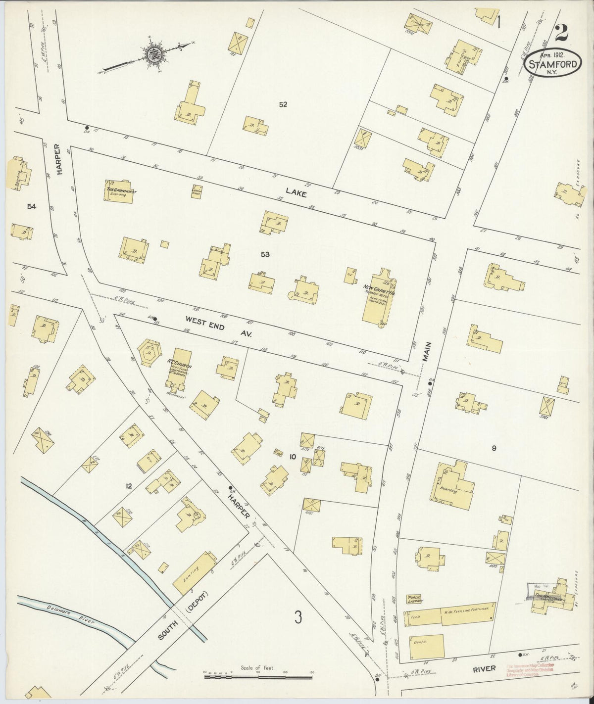 Sanborn Fire Insurance Map from Stamford, Delaware County, New York (1912), Sheet #0002 - Complete Map Set gallery image, historic Sanborn map, vintage wall art, New York New York