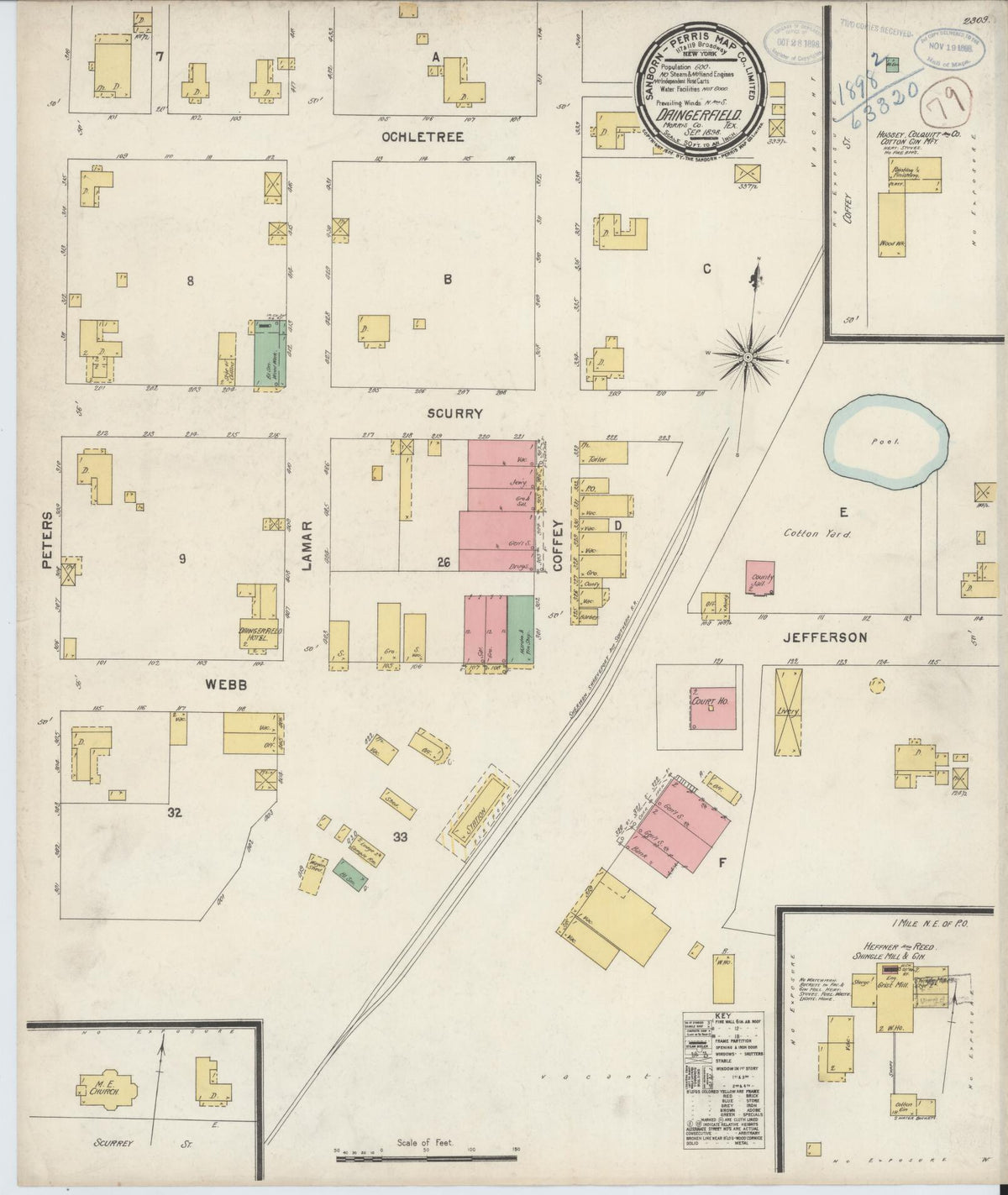 Sanborn Fire Insurance Map from Daingerfield, Morris County, Texas (1898), Sheet #0001 - Historic Sanborn Fire Insurance Map Print, vintage old map wall art, antique decor, genealogy gift, Texas Texas map