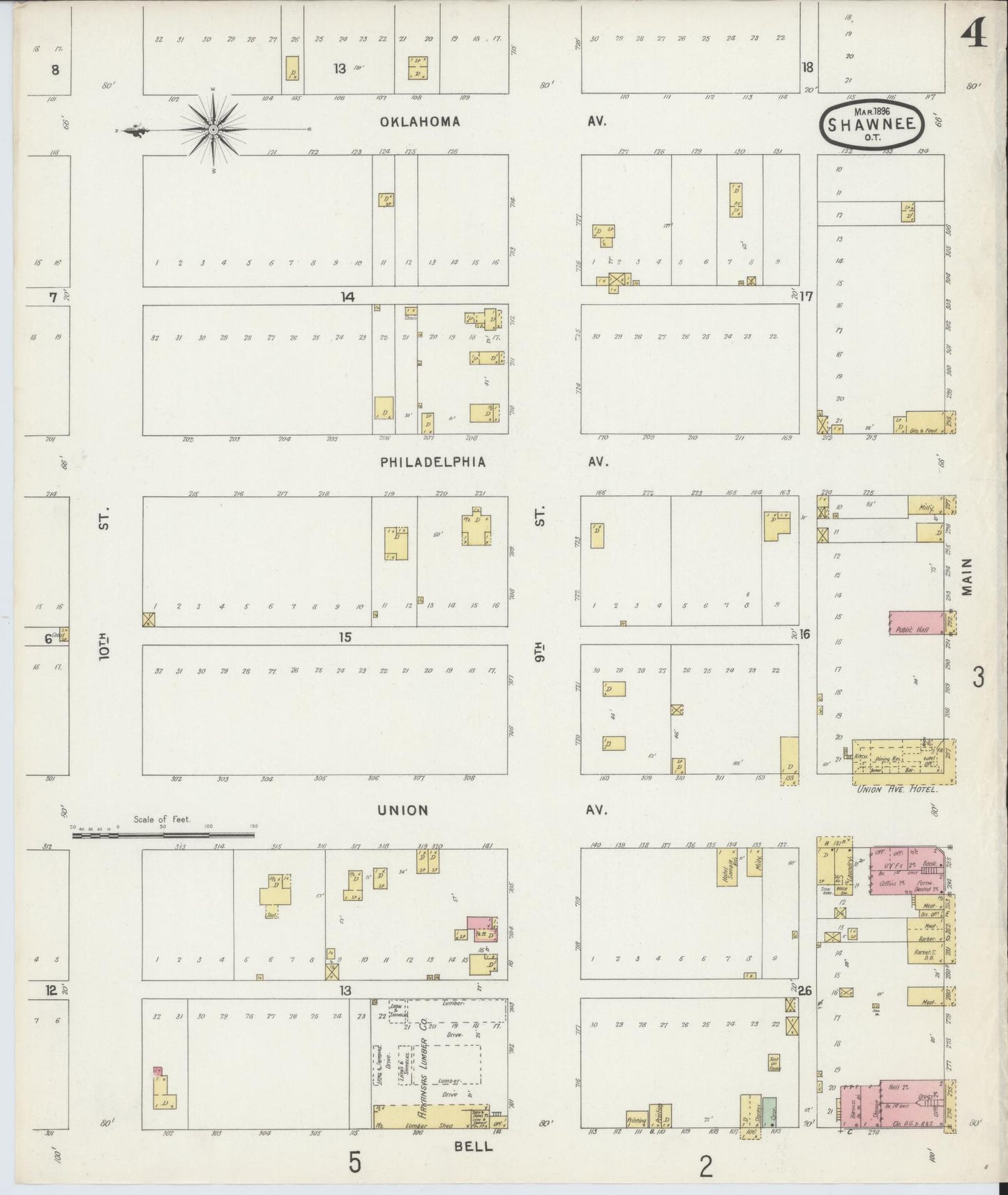 Sanborn Fire Insurance Map from Shawnee, Pottawatomie County, Oklahoma (1896), Sheet #0004 - Complete Map Set gallery image, historic Sanborn map, vintage wall art, Oklahoma Oklahoma