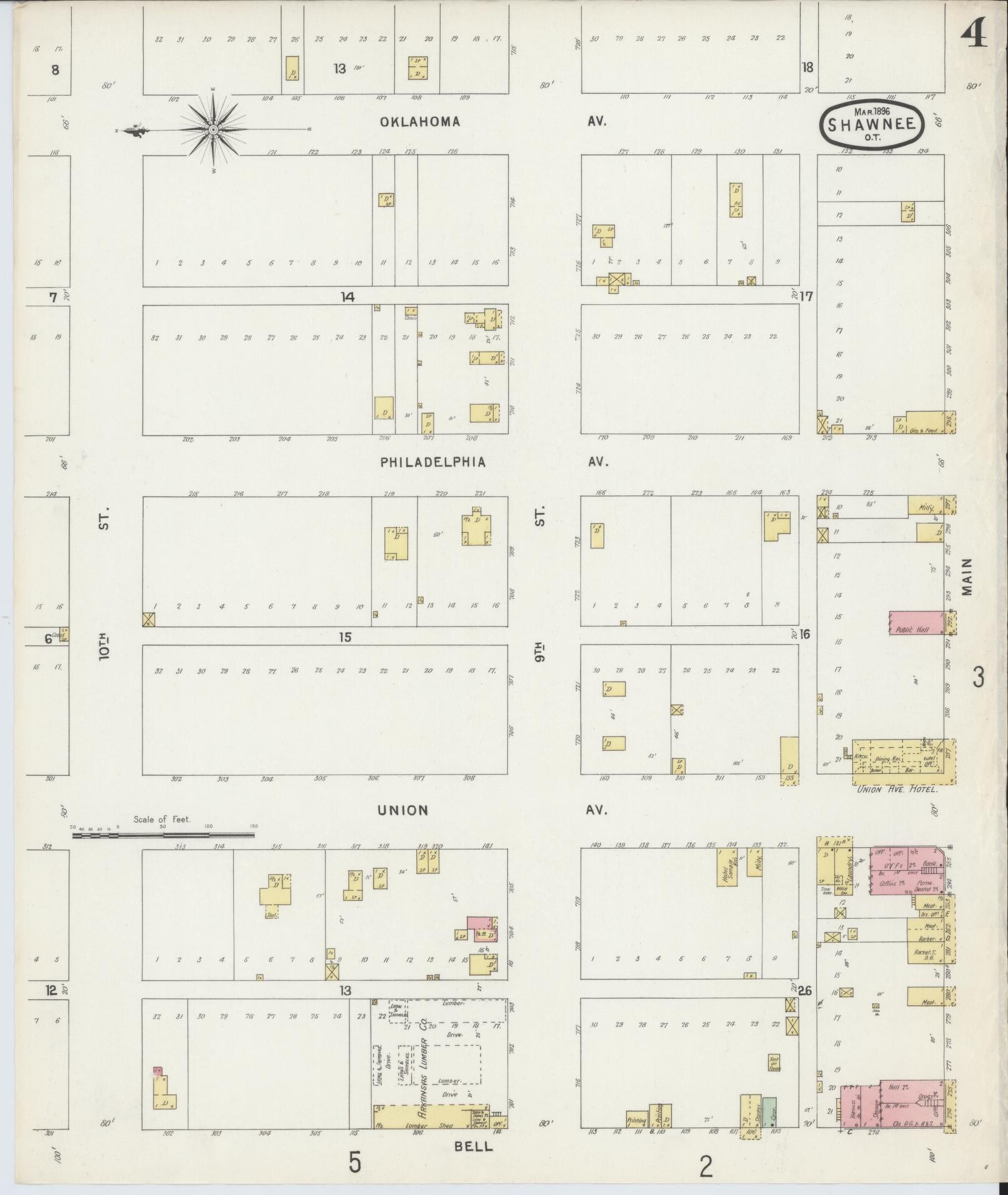 Sanborn Fire Insurance Map from Shawnee, Pottawatomie County, Oklahoma (1896), Sheet #0004 - Complete Map Set gallery image, historic Sanborn map, vintage wall art, Oklahoma Oklahoma