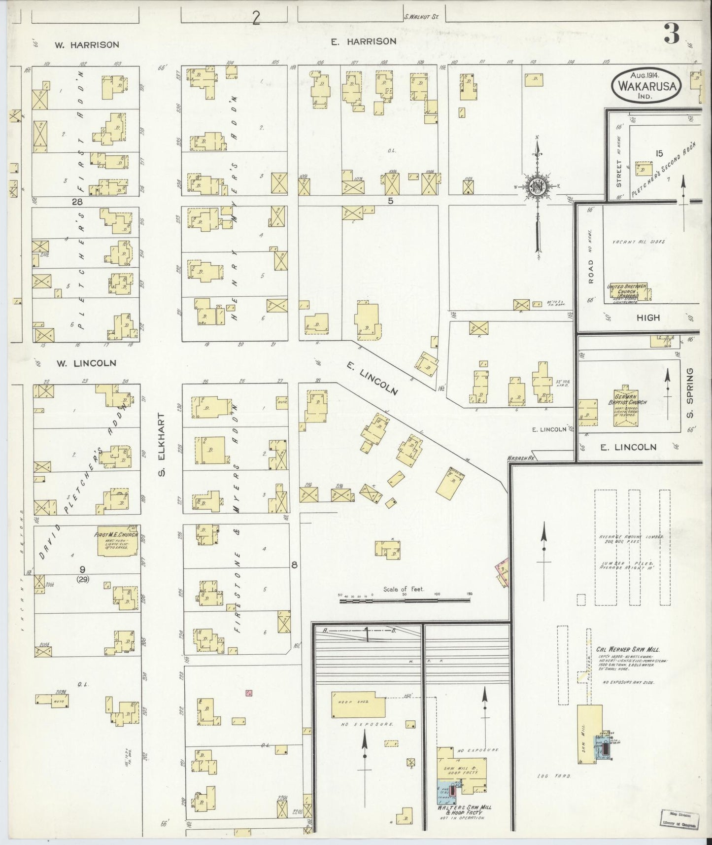 Sanborn Fire Insurance Map from Wakarusa, Elkhart County, Indiana (1914), Sheet #0003 - Historic Sanborn Fire Insurance Map Print, vintage old map wall art, antique decor, genealogy gift, Indiana Indiana map