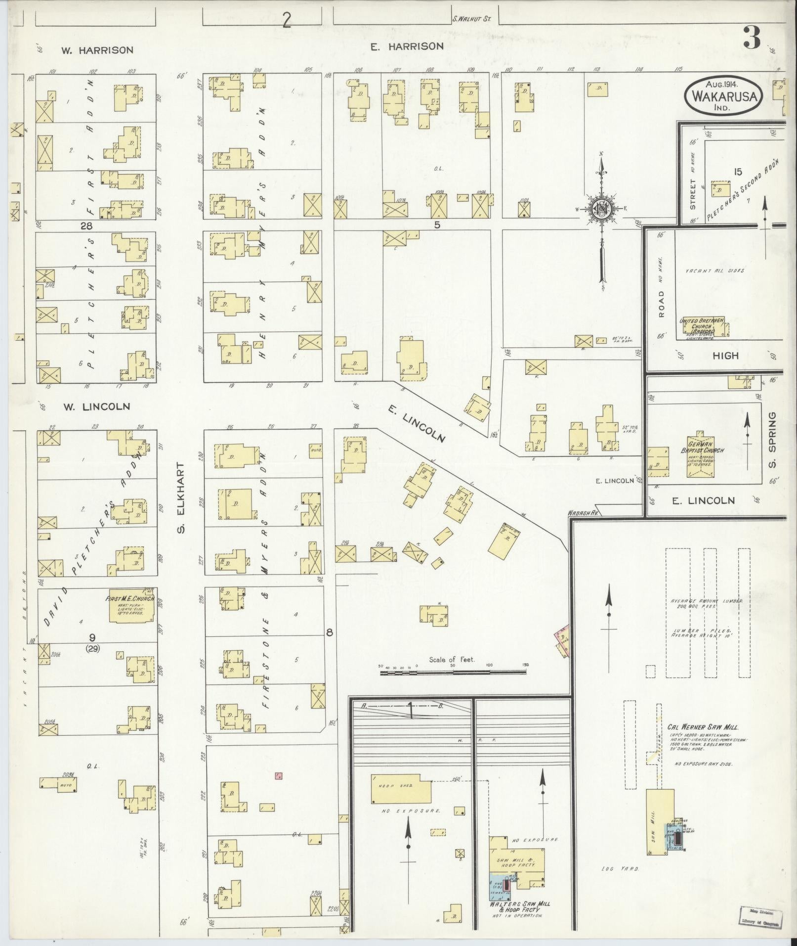 Sanborn Fire Insurance Map from Wakarusa, Elkhart County, Indiana (1914), Sheet #0003 - Historic Sanborn Fire Insurance Map Print, vintage old map wall art, antique decor, genealogy gift, Indiana Indiana map