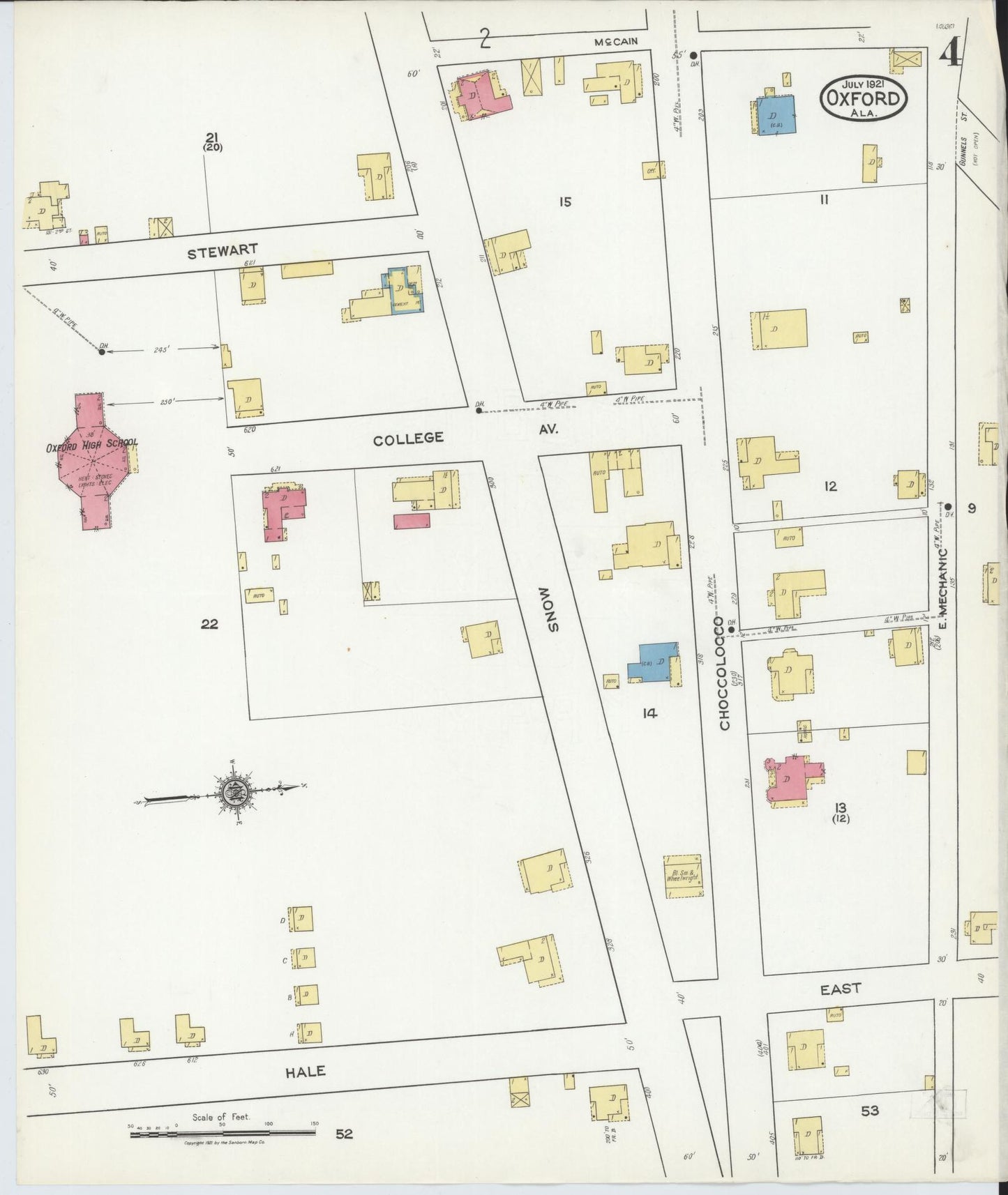 Sanborn Fire Insurance Map from Oxford, Calhoun County, Alabama (1921), Sheet #0004 - Historic Sanborn Fire Insurance Map Print, vintage old map wall art, antique decor, genealogy gift, Alabama Alabama map