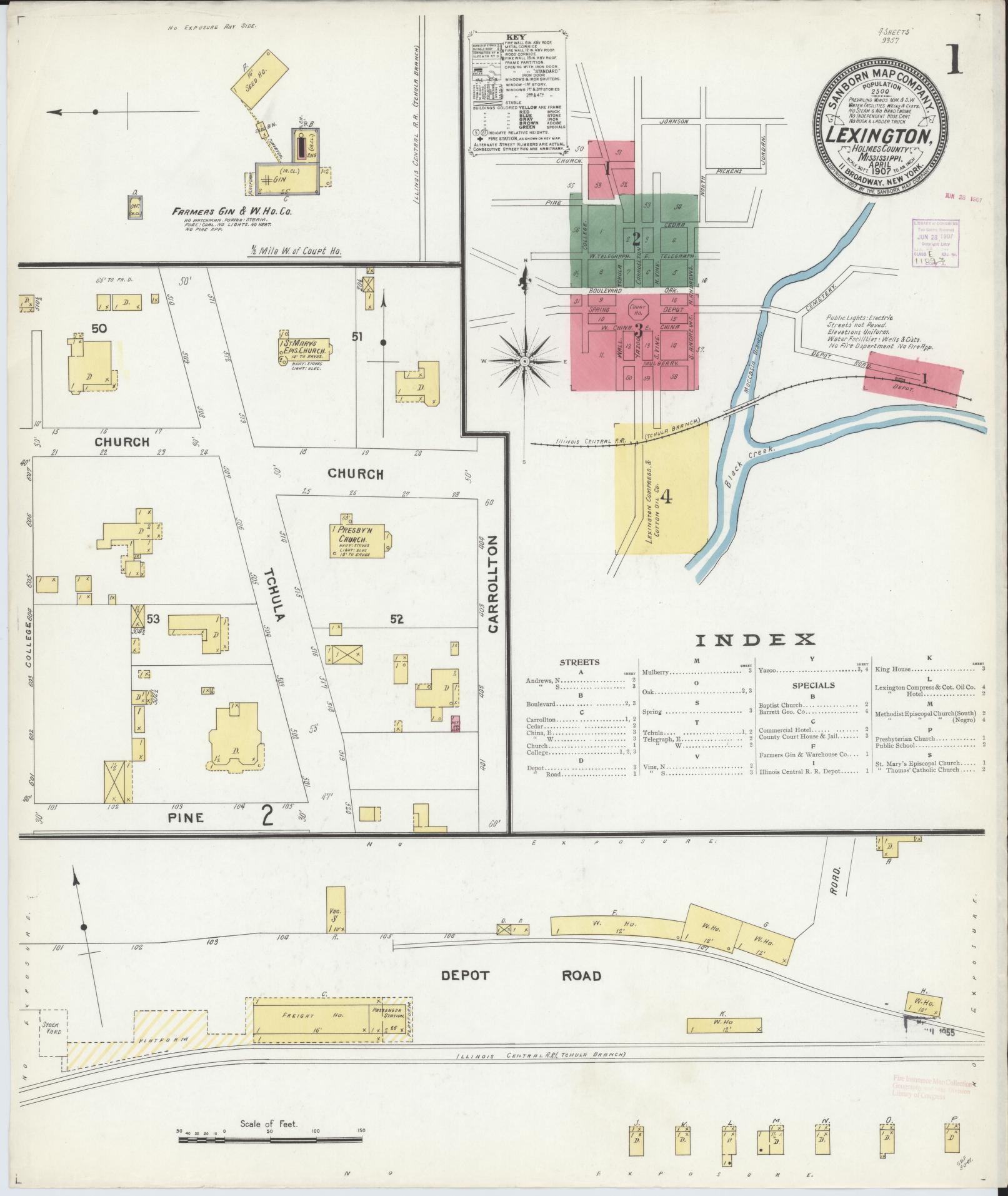 Sanborn Fire Insurance Map from Lexington, Holmes County, Mississippi (1907), Sheet #0001 - Complete Map Set gallery image, historic Sanborn map, vintage wall art, Mississippi Mississippi