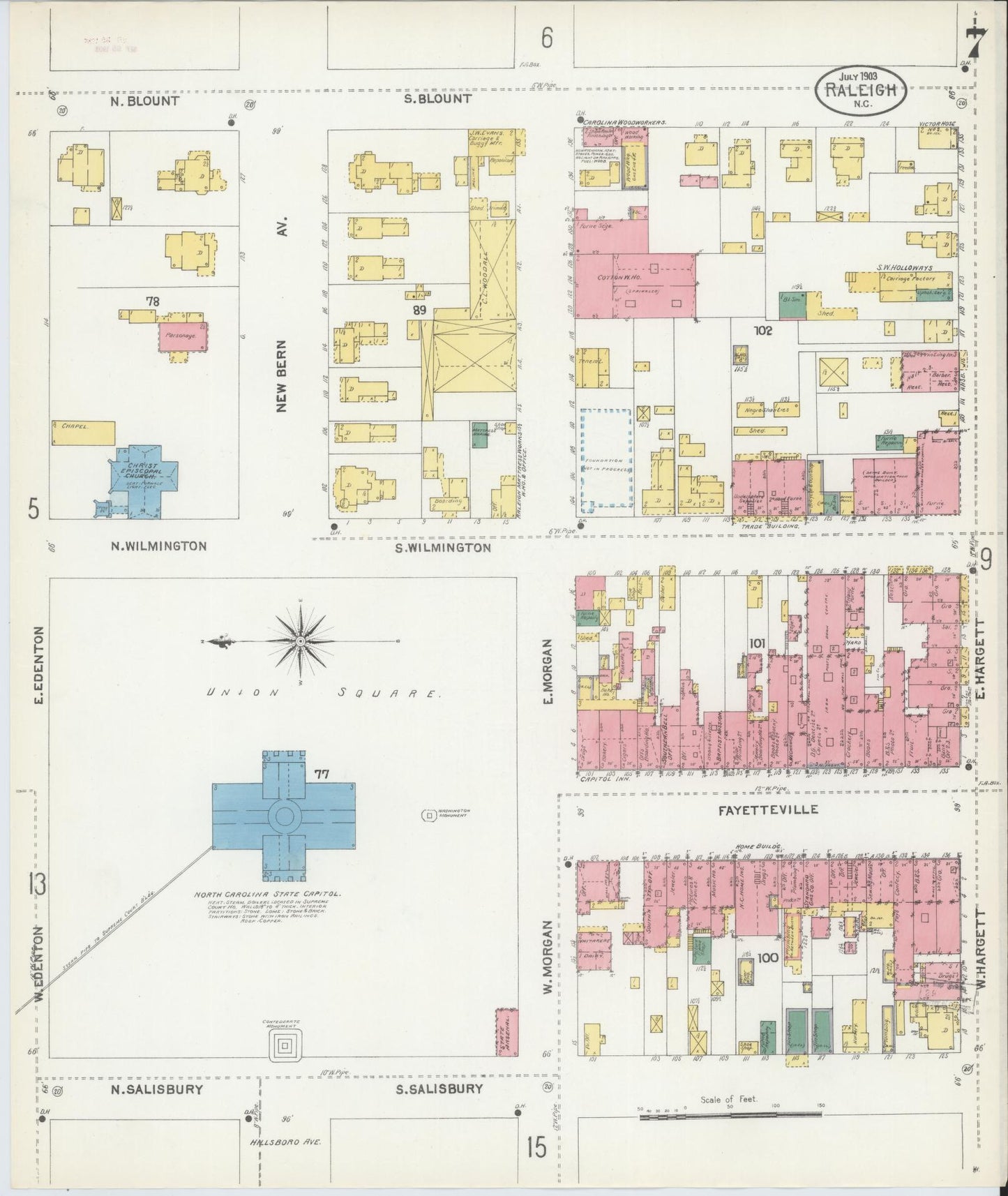 Sanborn Fire Insurance Map from Raleigh, Wake County, North Carolina (1903), Sheet #0007 - Historic Sanborn Fire Insurance Map Print, vintage old map wall art, antique decor, genealogy gift, North Carolina North Carolina map