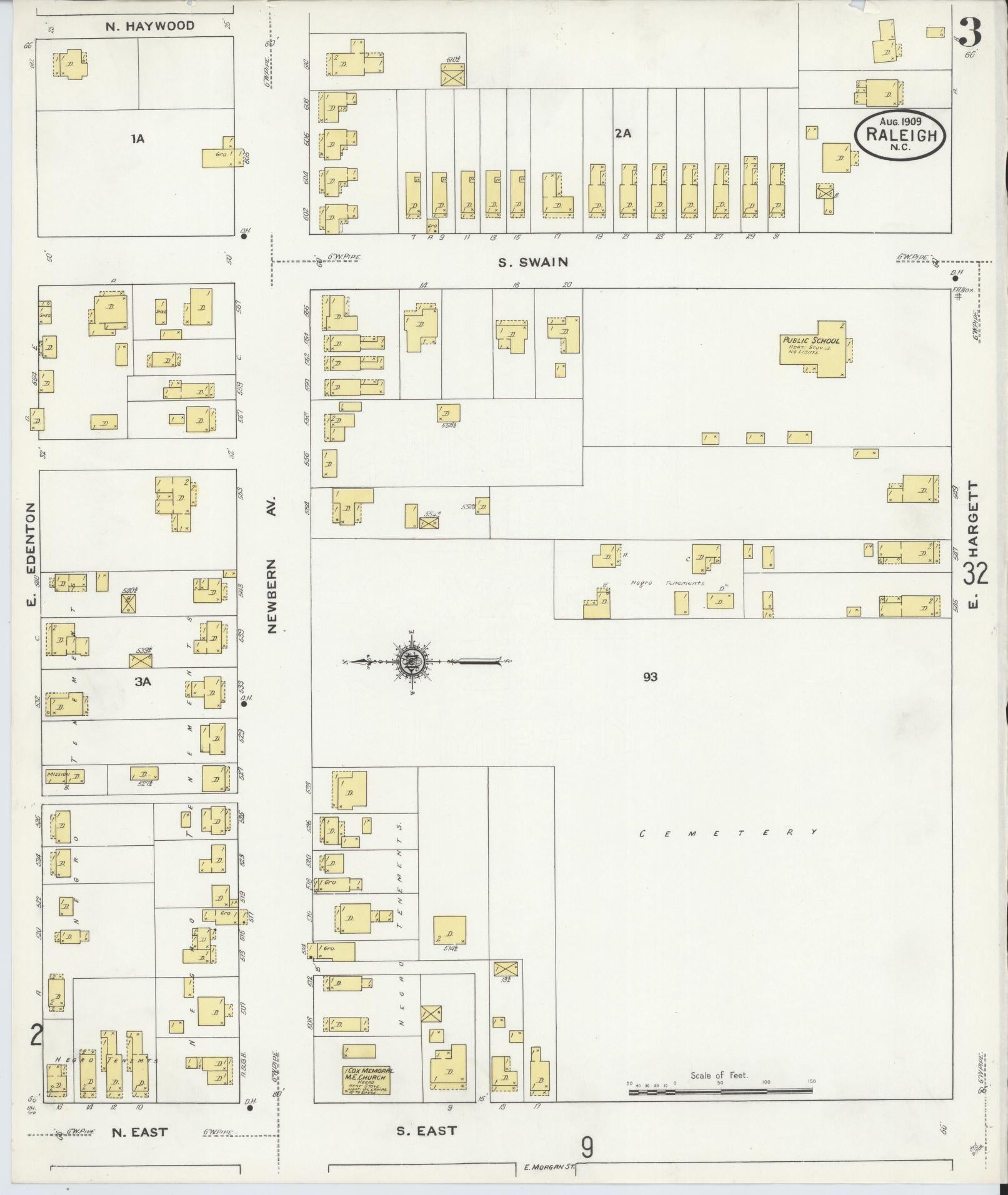 Sanborn Fire Insurance Map from Raleigh, Wake County, North Carolina (1909), Sheet #0003 - Complete Map Set gallery image, historic Sanborn map, vintage wall art, North Carolina North Carolina