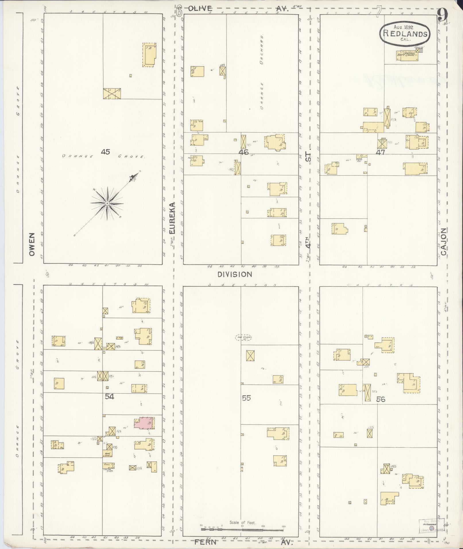 Sanborn Fire Insurance Map from Redlands, San Bernardino County, California (1892), Sheet #0009 - Complete Map Set gallery image, historic Sanborn map, vintage wall art, California California