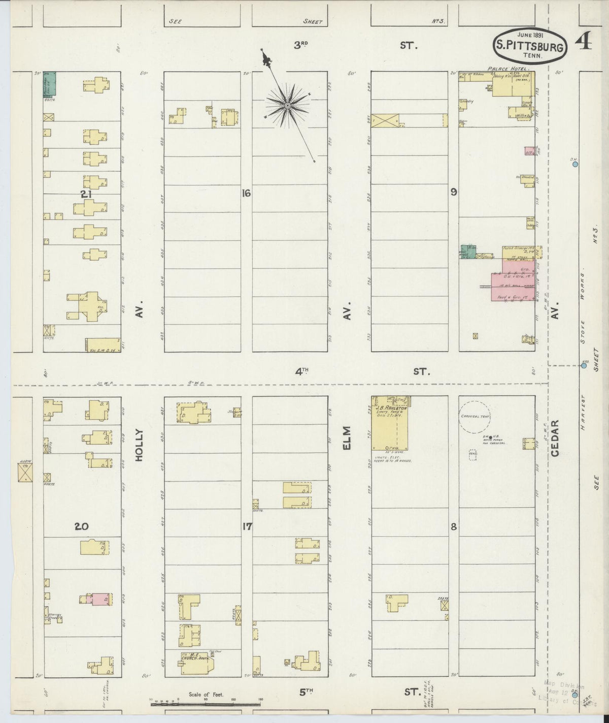 Sanborn Fire Insurance Map from South Pittsburg, Marion County, Tennessee (1891), Sheet #0004 - Historic Sanborn Fire Insurance Map Print, vintage old map wall art, antique decor, genealogy gift, Tennessee Tennessee map