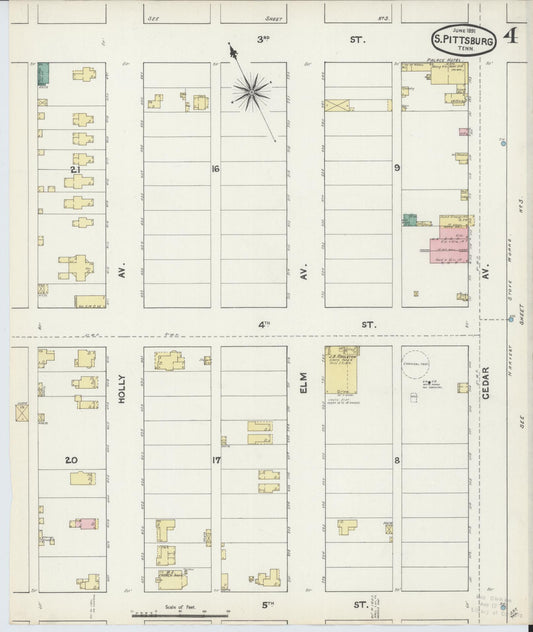 Sanborn Fire Insurance Map from South Pittsburg, Marion County, Tennessee (1891), Sheet #0004 - Historic Sanborn Fire Insurance Map Print, vintage old map wall art, antique decor, genealogy gift, Tennessee Tennessee map
