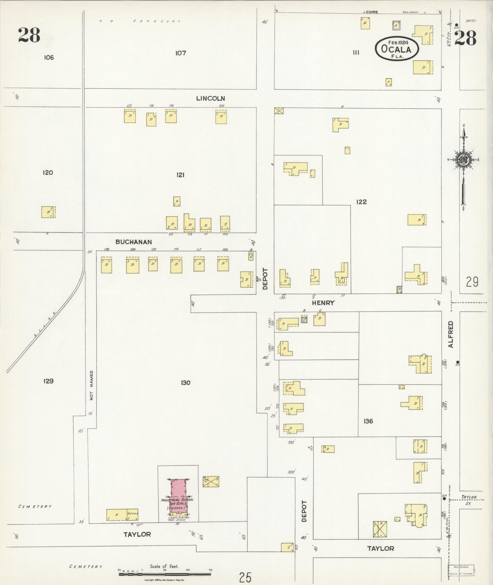 Sanborn Fire Insurance Map from Ocala, Marion County, Florida (1924), Sheet #0028 - Historic Sanborn Fire Insurance Map Print, vintage old map wall art, antique decor, genealogy gift, Florida Florida map