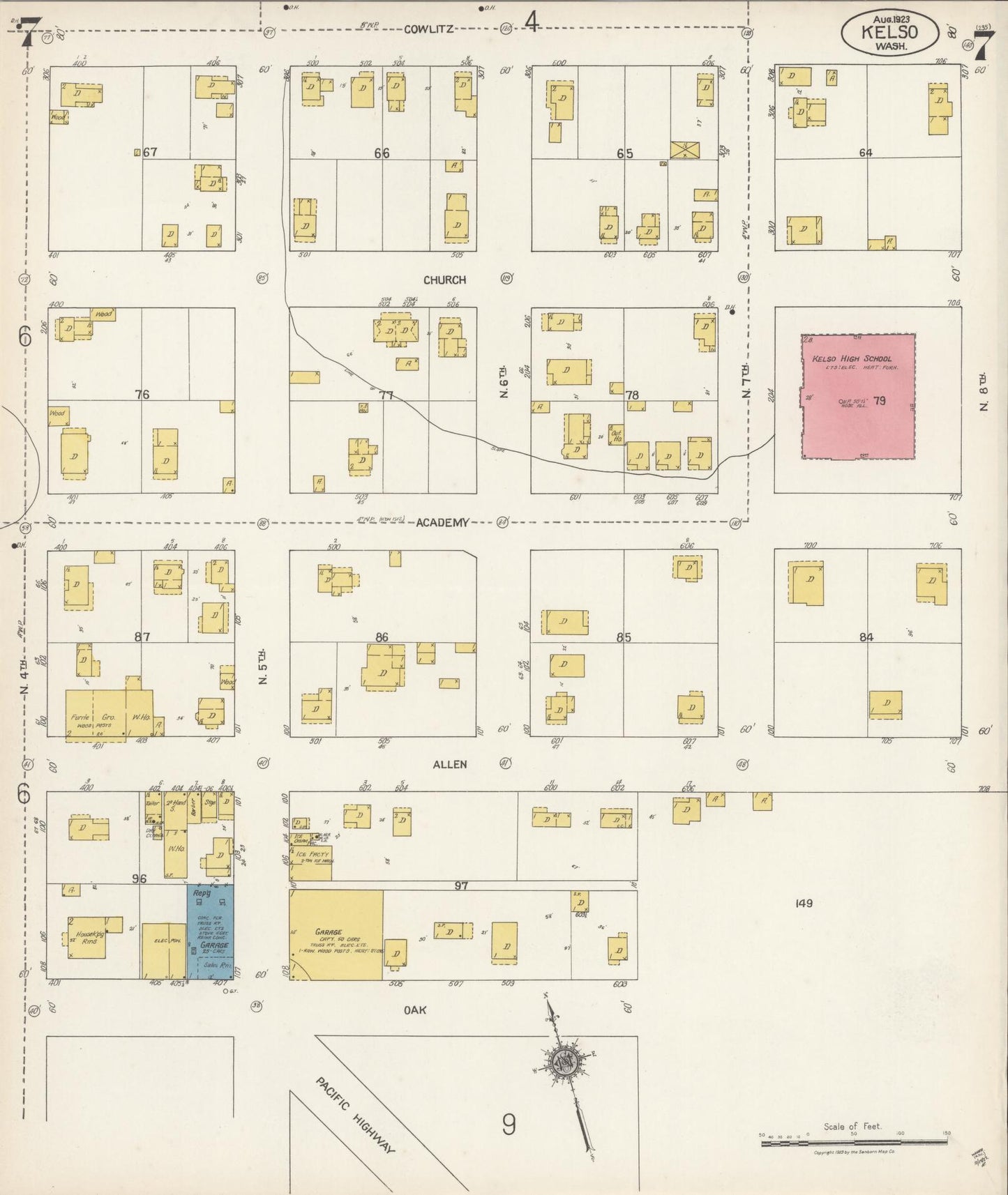Sanborn Fire Insurance Map from Kelso, Cowlitz County, Washington (1923), Sheet #0007 - Complete Map Set gallery image, historic Sanborn map, vintage wall art, Washington Washington