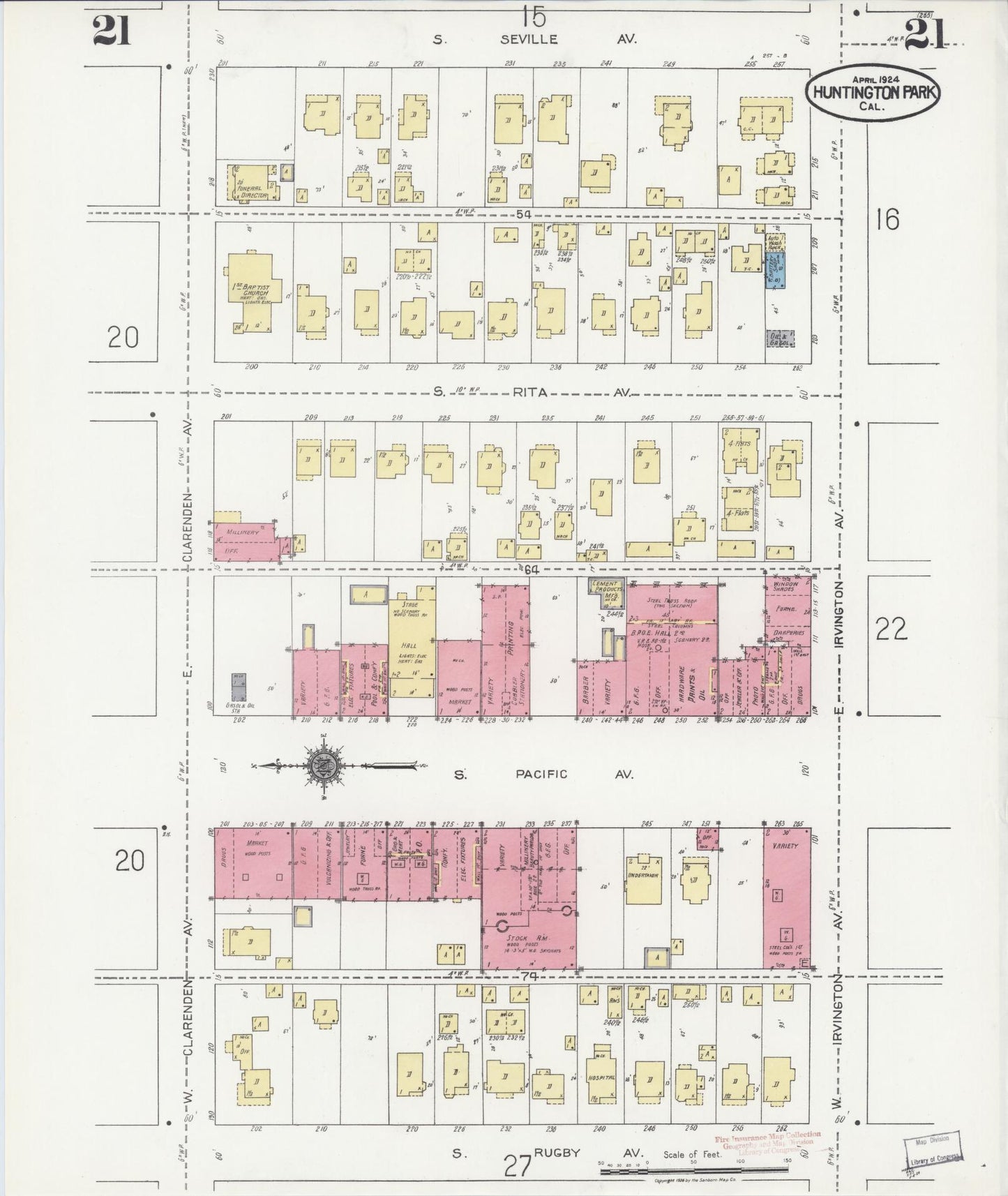Sanborn Fire Insurance Map from Huntington Park, Los Angeles County, California (1924), Sheet #0021 - Historic Sanborn Fire Insurance Map Print, vintage old map wall art, antique decor, genealogy gift, California California map