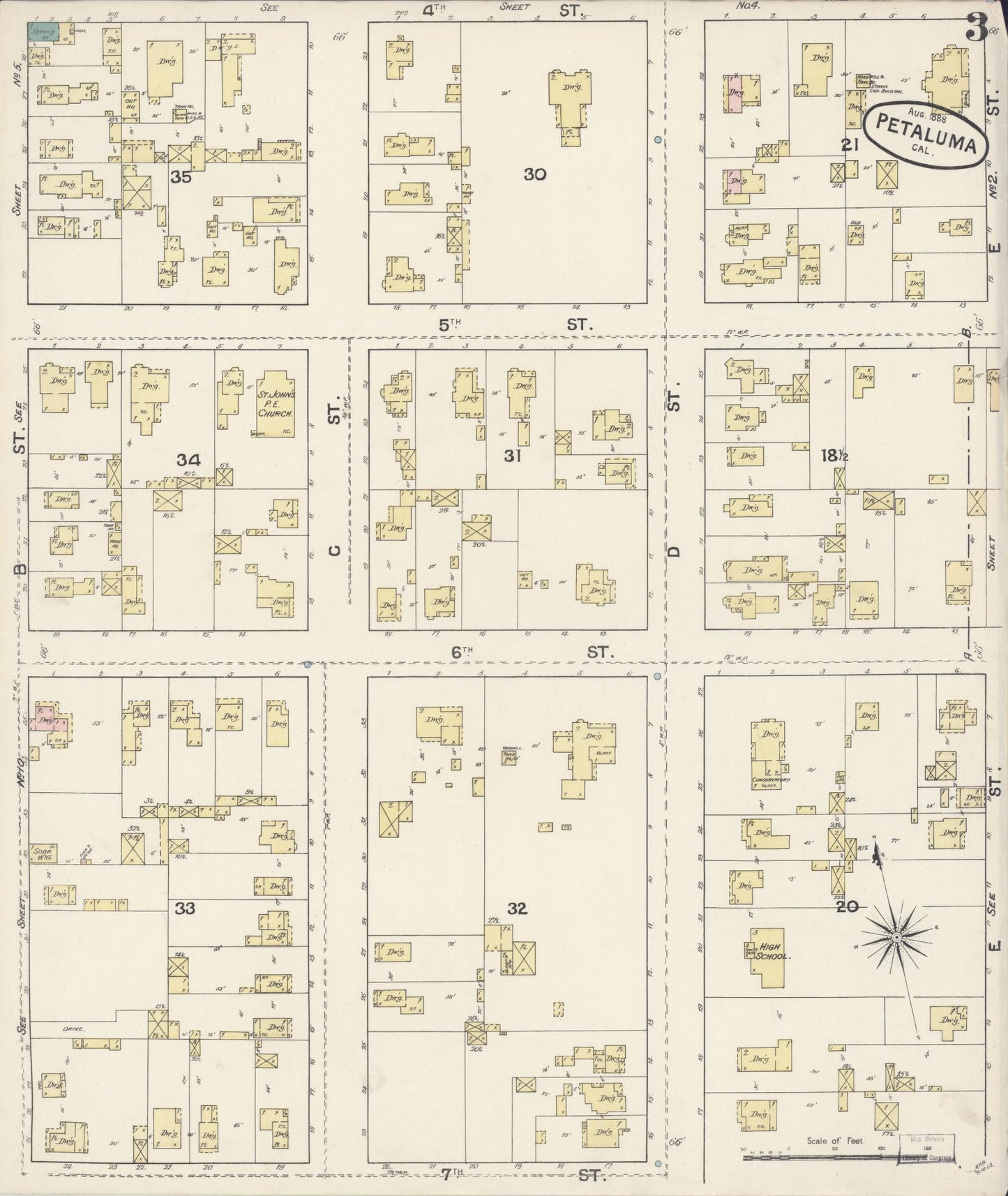 Sanborn Fire Insurance Map from Petaluma, Sonoma County, California (1888), Sheet #0003 - Complete Map Set gallery image, historic Sanborn map, vintage wall art, California California