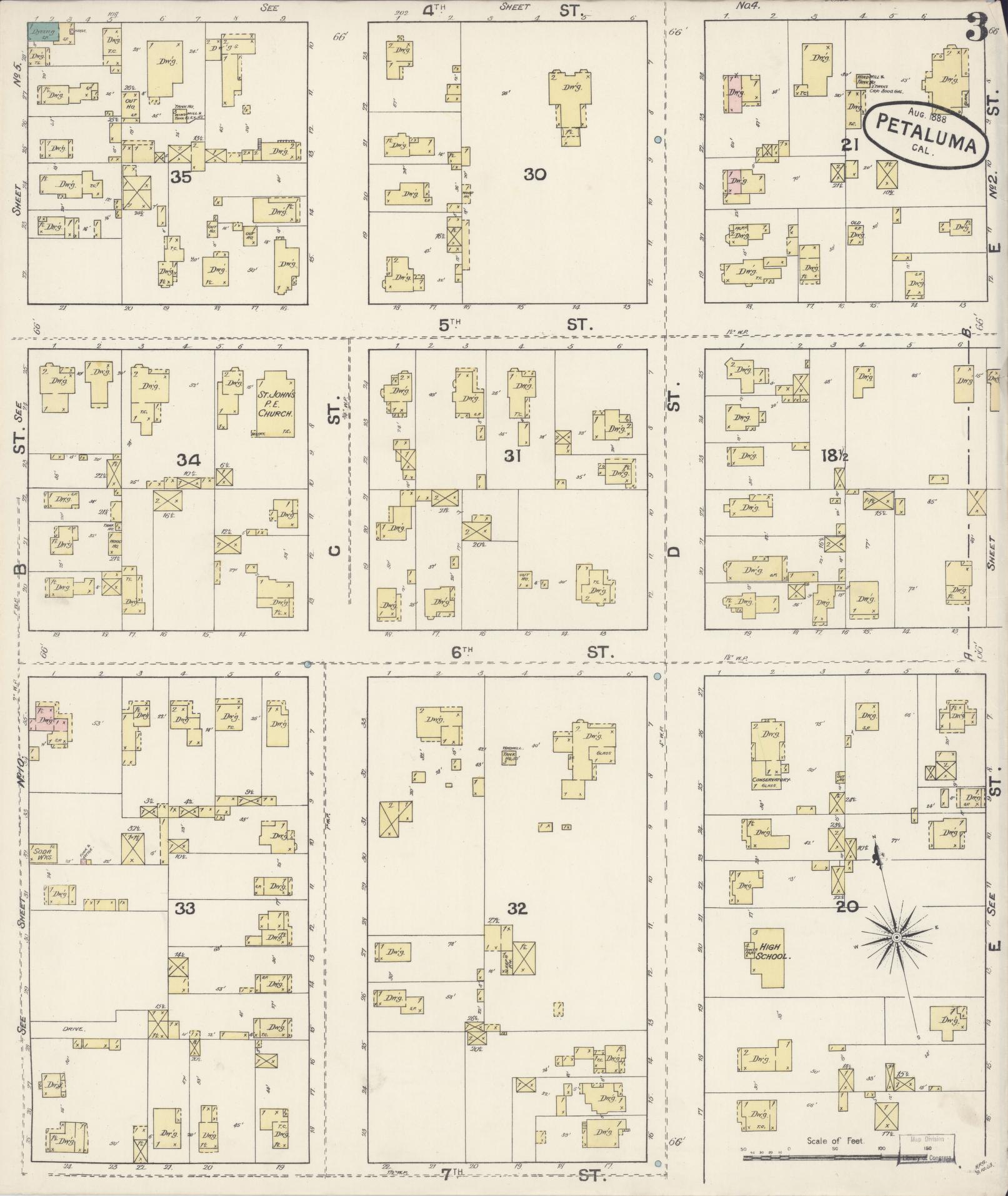 Sanborn Fire Insurance Map from Petaluma, Sonoma County, California (1888), Sheet #0003 - Complete Map Set gallery image, historic Sanborn map, vintage wall art, California California