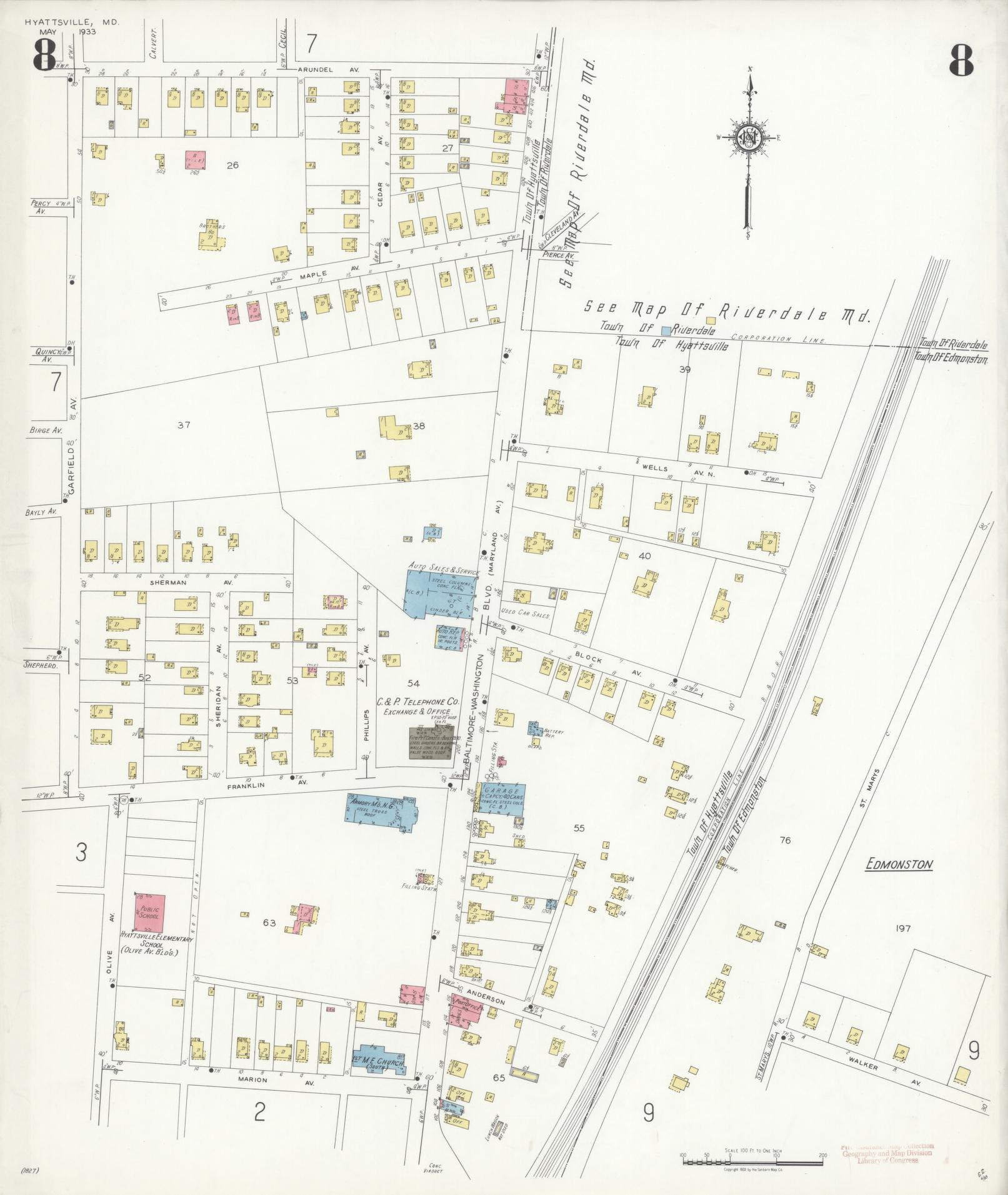 Sanborn Fire Insurance Map from Hyattsville, Prince Georges County, Maryland (1933), Sheet #0008 - Historic Sanborn Fire Insurance Map Print, vintage old map wall art