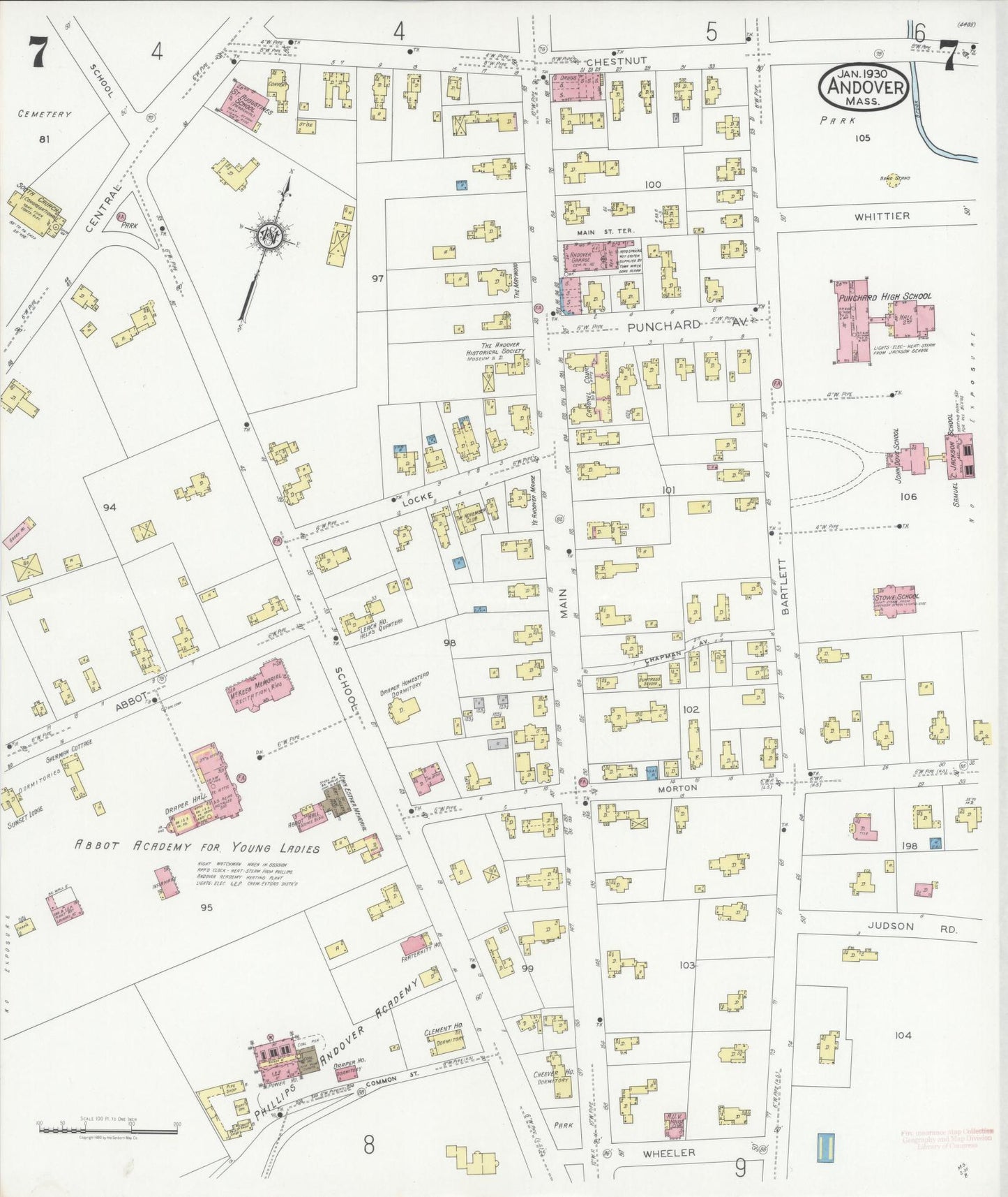 Sanborn Fire Insurance Map from Andover, Essex County, Massachusetts (1930), Sheet #0007 - Historic Sanborn Fire Insurance Map Print, vintage old map wall art, antique decor, genealogy gift, Massachusetts Massachusetts map