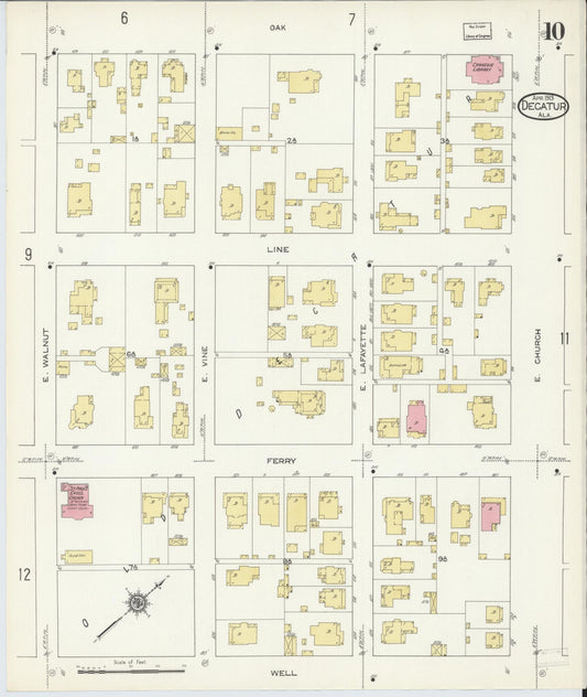 Sanborn Fire Insurance Map from Decatur, Morgan County, Alabama (1913), Sheet #0010 - Historic Sanborn Fire Insurance Map Print, vintage old map wall art, antique decor, genealogy gift, Alabama Alabama map
