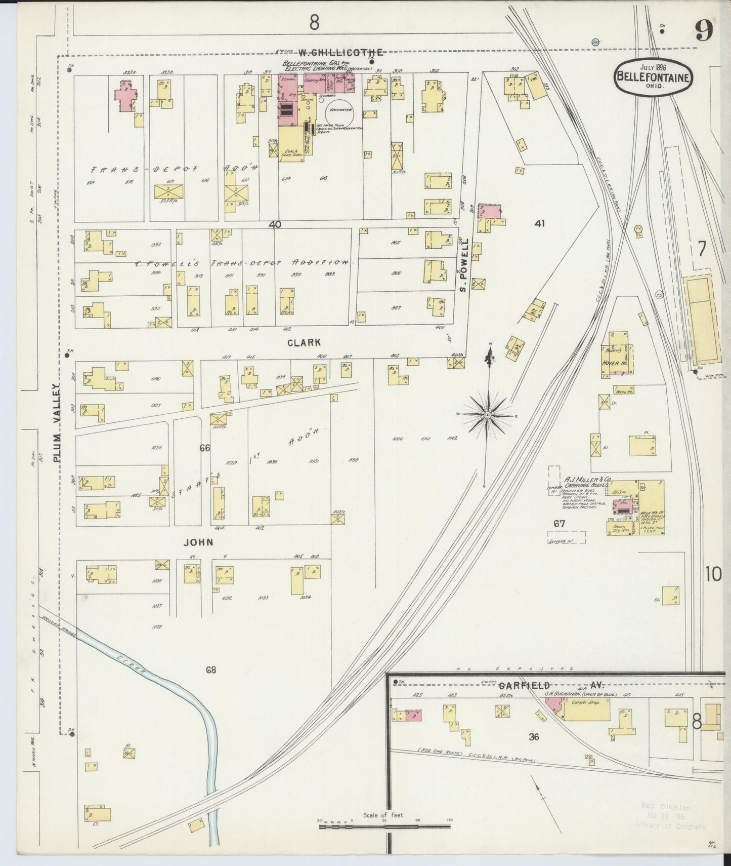 Sanborn Fire Insurance Map from Bellefontaine, Logan County, Ohio (1896), Sheet #0009 - Historic Sanborn Fire Insurance Map Print, vintage old map wall art, antique decor, genealogy gift, Ohio Ohio map