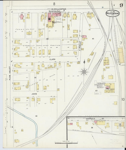 Sanborn Fire Insurance Map from Bellefontaine, Logan County, Ohio (1896), Sheet #0009 - Historic Sanborn Fire Insurance Map Print, vintage old map wall art, antique decor, genealogy gift, Ohio Ohio map