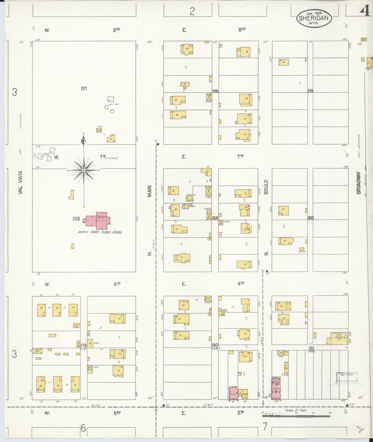 Sanborn Fire Insurance Map from Sheridan, Sheridan County, Wyoming (1908), Sheet #0004 - Complete Map Set gallery image, historic Sanborn map, vintage wall art, Wyoming Wyoming