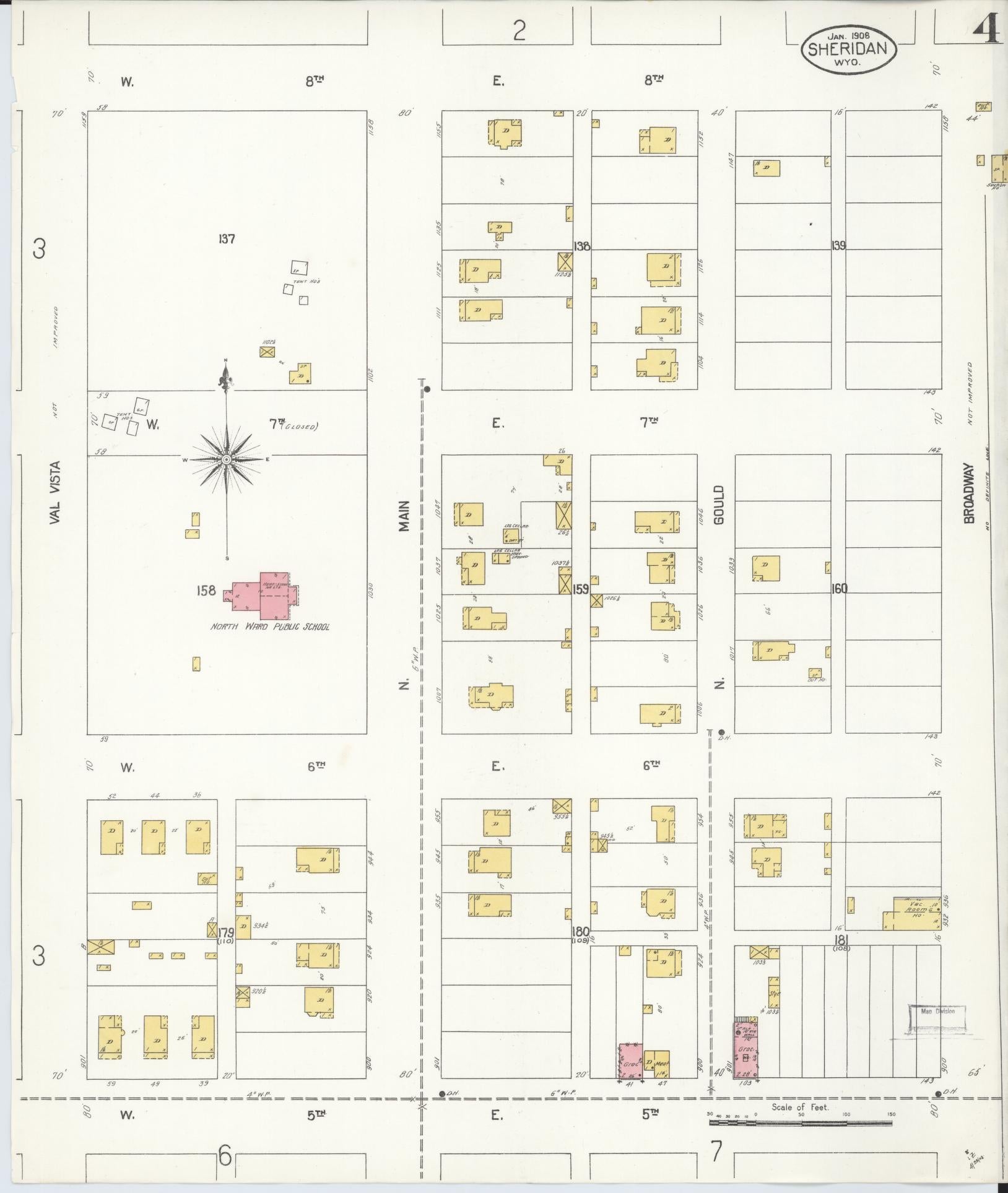 Sanborn Fire Insurance Map from Sheridan, Sheridan County, Wyoming (1908), Sheet #0004 - Complete Map Set gallery image, historic Sanborn map, vintage wall art, Wyoming Wyoming