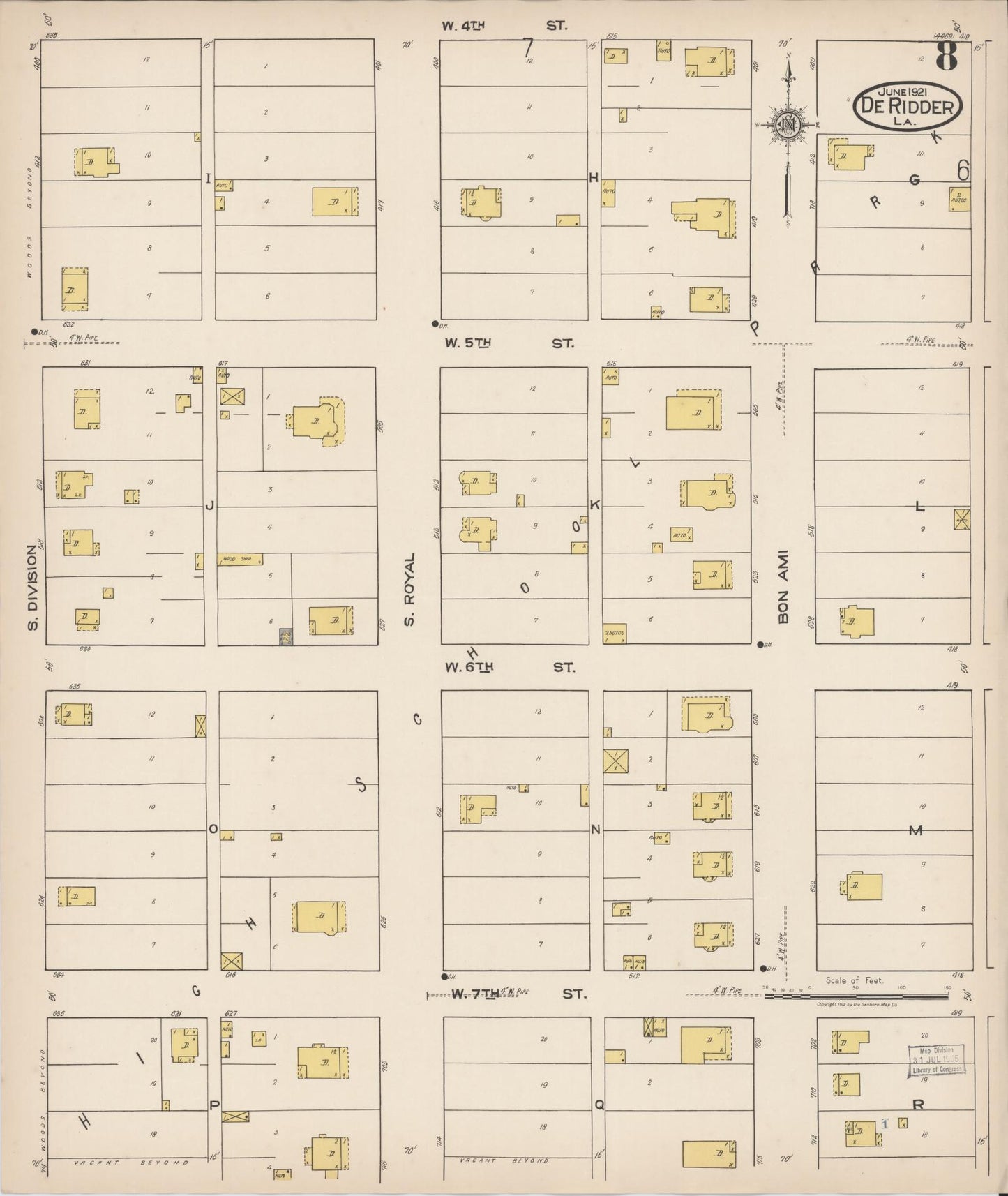 Sanborn Fire Insurance Map from De Ridder, Beauregard Parish, Louisiana (1921), Sheet #0008 - Complete Map Set gallery image, historic Sanborn map, vintage wall art, Louisiana Louisiana