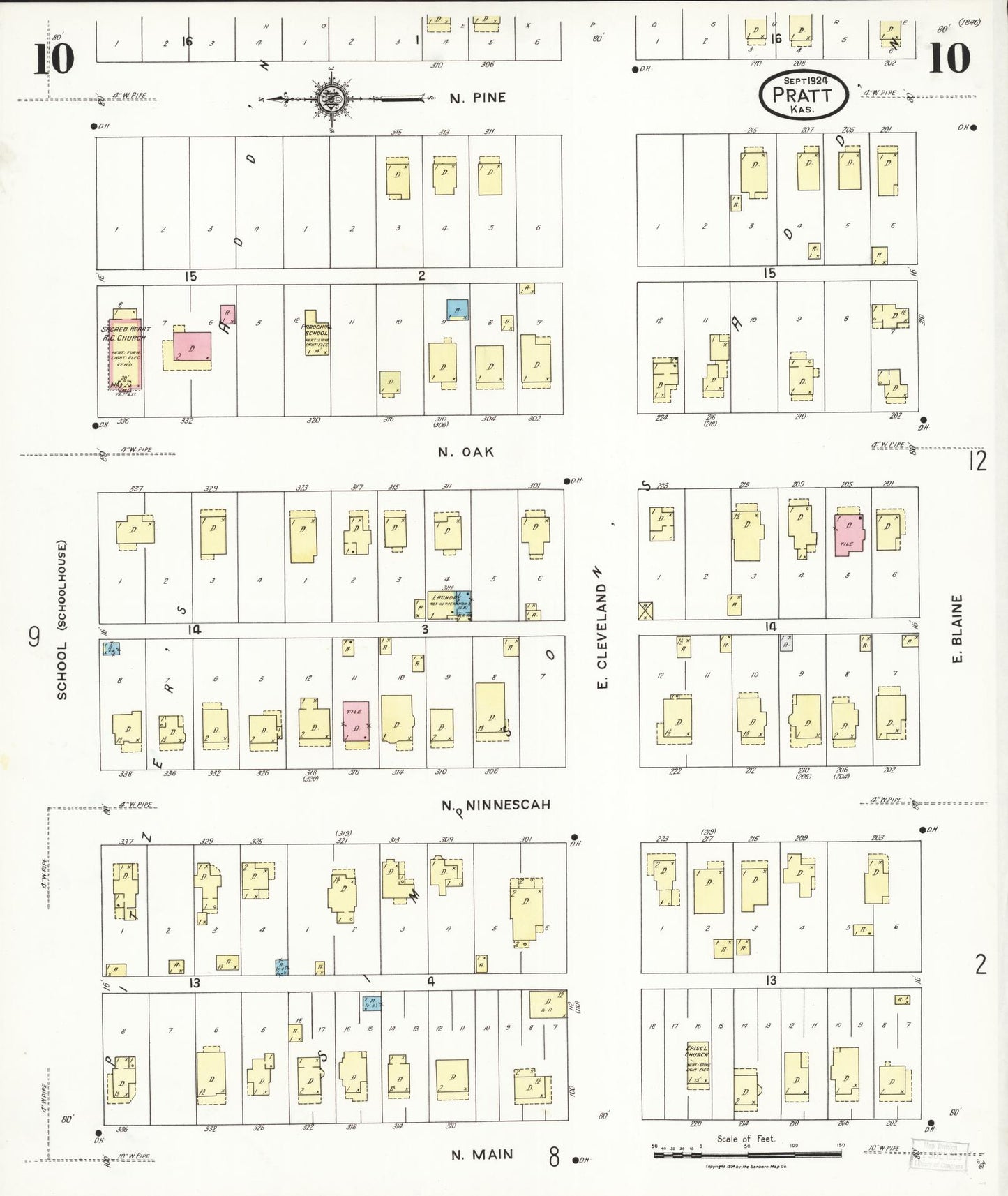 Sanborn Fire Insurance Map from Pratt, Pratt County, Kansas (1924), Sheet #0010 - Historic Sanborn Fire Insurance Map Print, vintage old map wall art, antique decor, genealogy gift, Kansas Kansas map