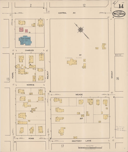 Sanborn Fire Insurance Map from Wellsboro, Tioga County, Pennsylvania (1922), Sheet #0014 - Historic Sanborn Fire Insurance Map Print, vintage old map wall art, antique decor, genealogy gift, Pennsylvania Pennsylvania map