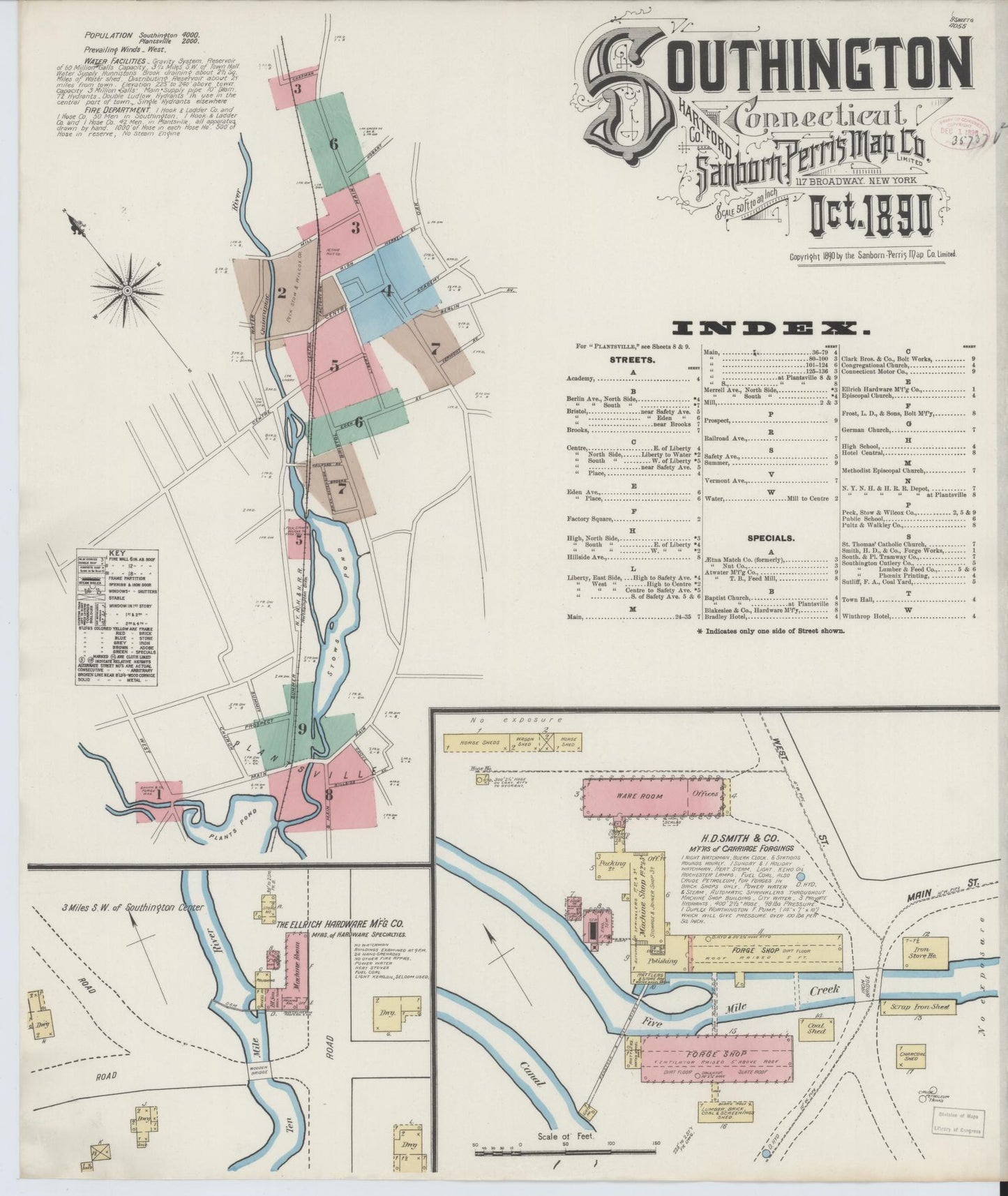 Sanborn Fire Insurance Map from Southington, Hartford County, Connecticut (1890), Sheet #0001 - Historic Sanborn Fire Insurance Map Print, vintage old map wall art, antique decor, genealogy gift, Connecticut Connecticut map