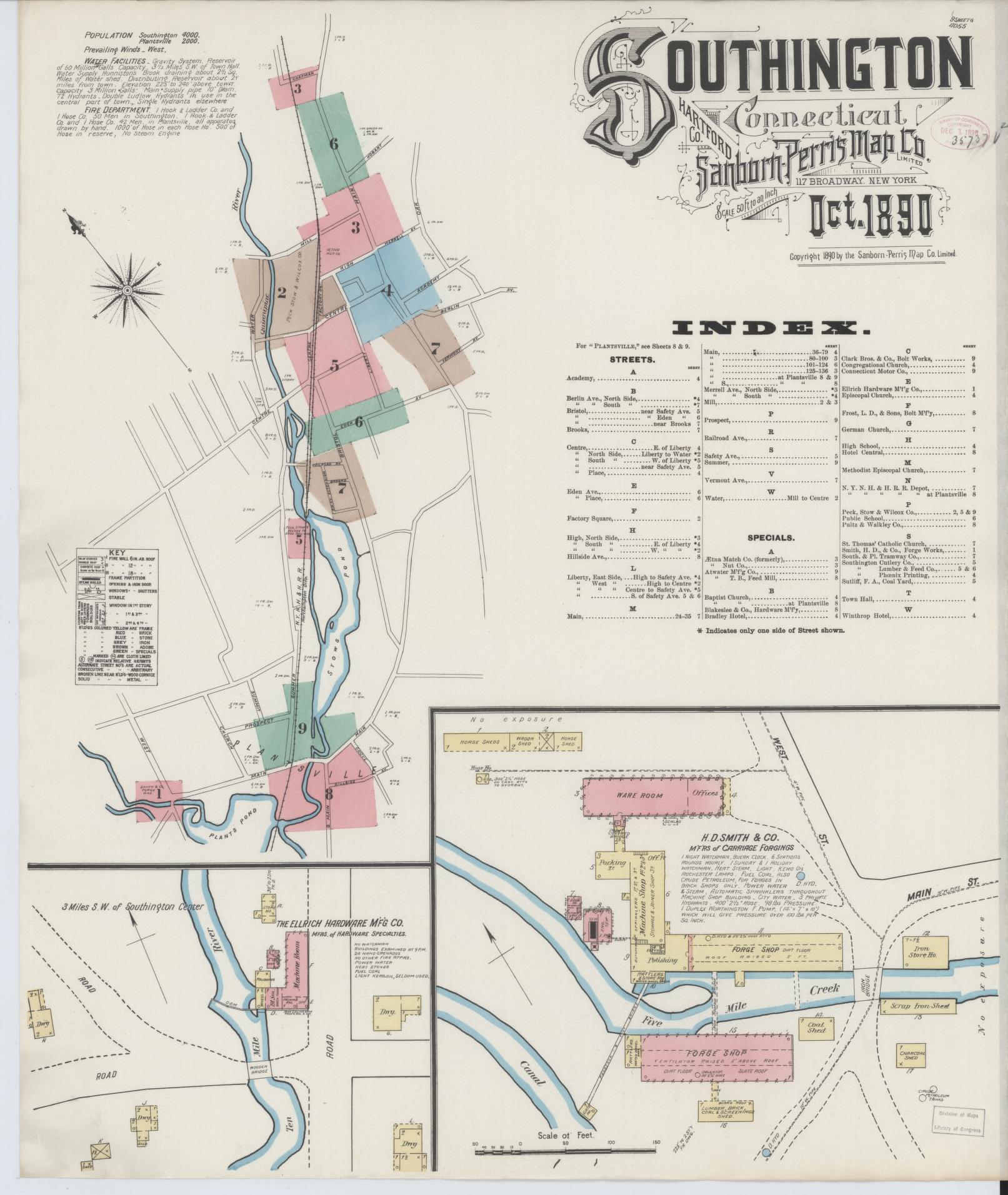 Sanborn Fire Insurance Map from Southington, Hartford County, Connecticut (1890), Sheet #0001 - Historic Sanborn Fire Insurance Map Print, vintage old map wall art, antique decor, genealogy gift, Connecticut Connecticut map