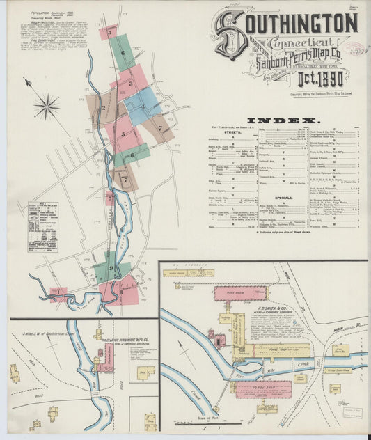Sanborn Fire Insurance Map from Southington, Hartford County, Connecticut (1890), Sheet #0001 - Historic Sanborn Fire Insurance Map Print, vintage old map wall art, antique decor, genealogy gift, Connecticut Connecticut map
