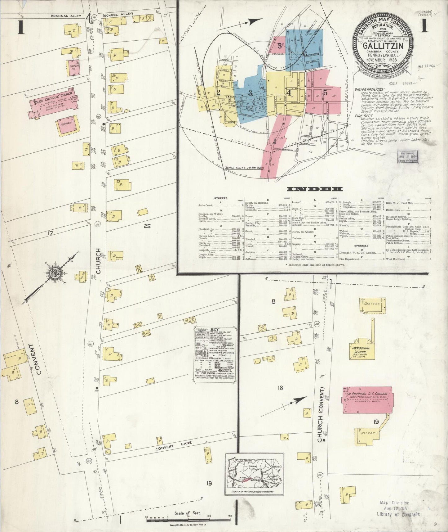 Sanborn Fire Insurance Map from Gallitzin, Cambria County, Pennsylvania (1923), Sheet #0001 - Historic Sanborn Fire Insurance Map Print, vintage old map wall art, antique decor, genealogy gift, Pennsylvania Pennsylvania map