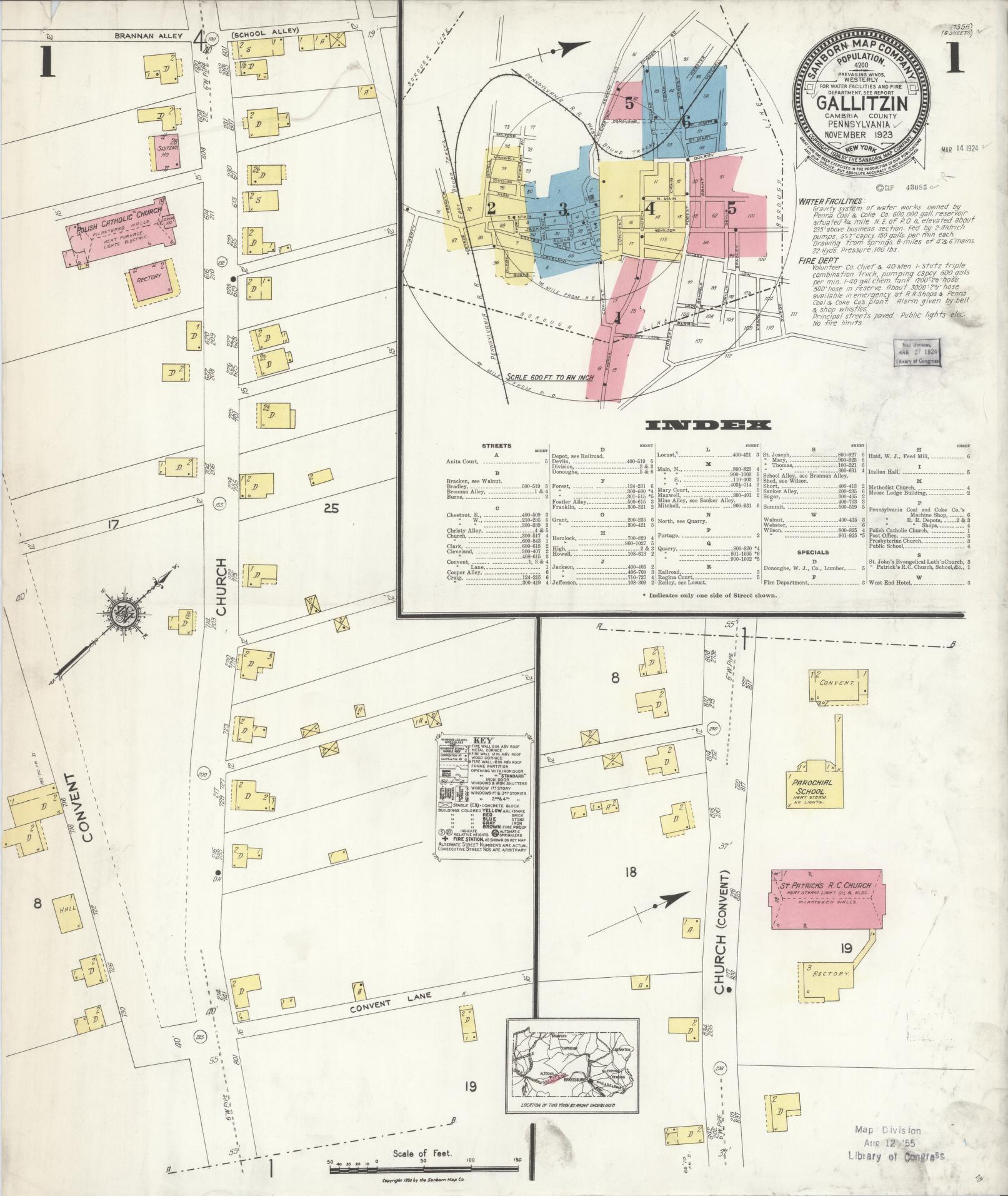 Sanborn Fire Insurance Map from Gallitzin, Cambria County, Pennsylvania (1923), Sheet #0001 - Historic Sanborn Fire Insurance Map Print, vintage old map wall art, antique decor, genealogy gift, Pennsylvania Pennsylvania map