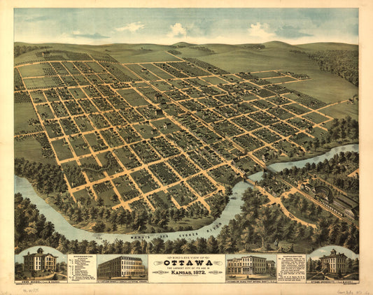 Bird's-eye view of Ottawa, the largest city of its age in Kansas, 1872 : looking south-west (1872) – Historic Bird’s-Eye View Panorama Print