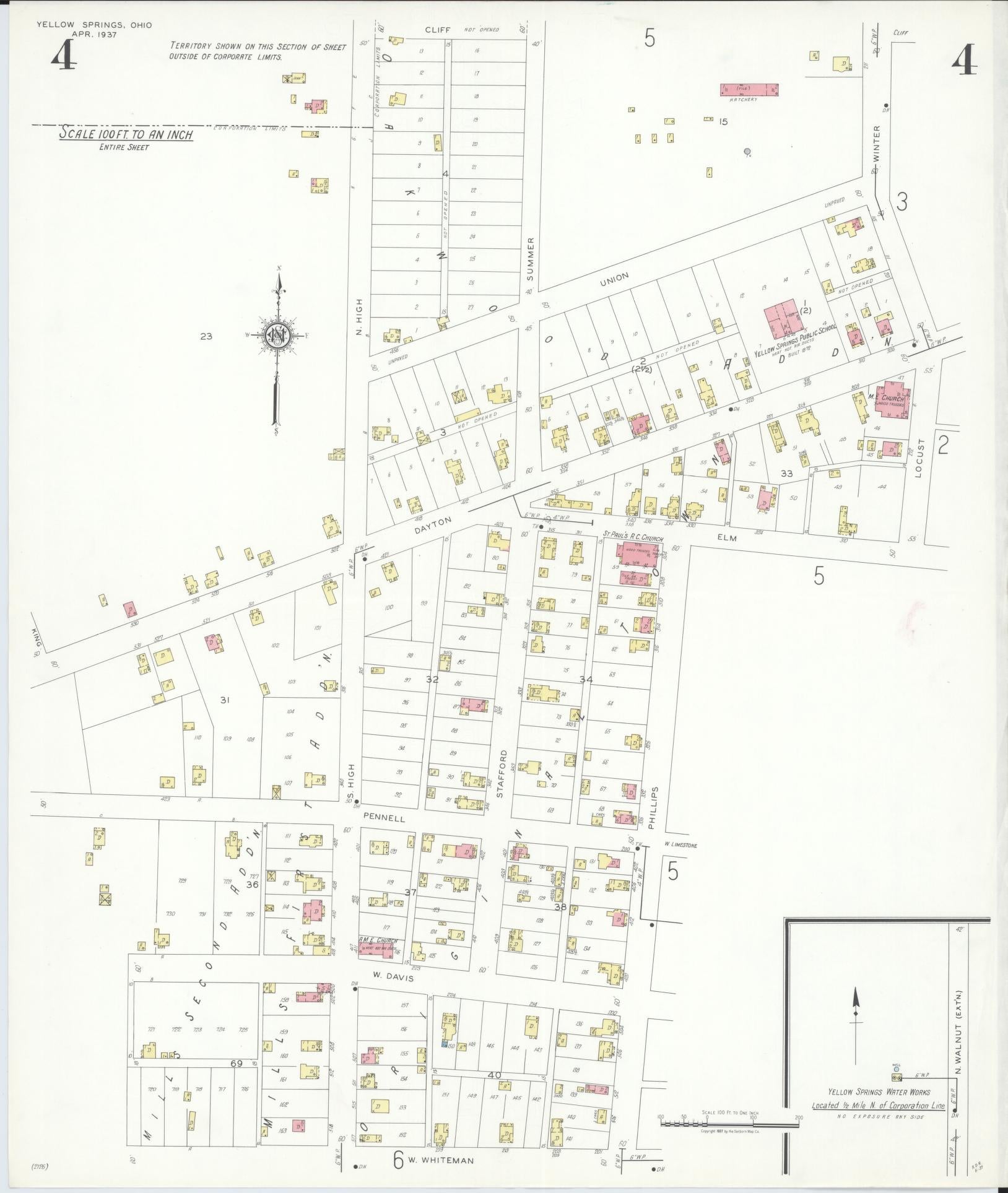 Sanborn Fire Insurance Map from Yellow Springs, Greene County, Ohio (1937), Sheet #0004 - Complete Map Set gallery image, historic Sanborn map, vintage wall art, Ohio Ohio
