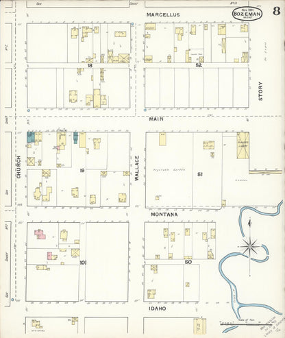 Sanborn Fire Insurance Map from Bozeman, Gallatin County, Montana (1891), Sheet #0008 - Complete Map Set gallery image, historic Sanborn map, vintage wall art, Montana Montana