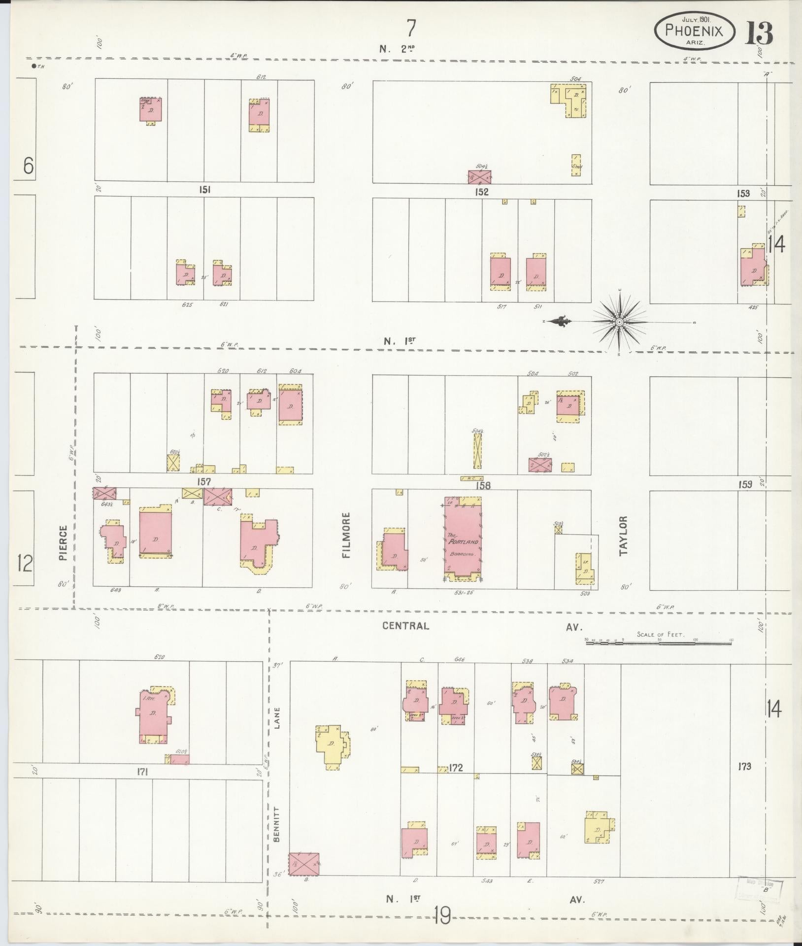 Sanborn Fire Insurance Map from Phoenix, Maricopa County, Arizona (1901), Sheet #0013 - Historic Sanborn Fire Insurance Map Print, vintage old map wall art, antique decor, genealogy gift, Arizona Arizona map