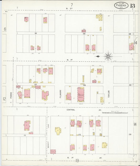 Sanborn Fire Insurance Map from Phoenix, Maricopa County, Arizona (1901), Sheet #0013 - Historic Sanborn Fire Insurance Map Print, vintage old map wall art, antique decor, genealogy gift, Arizona Arizona map