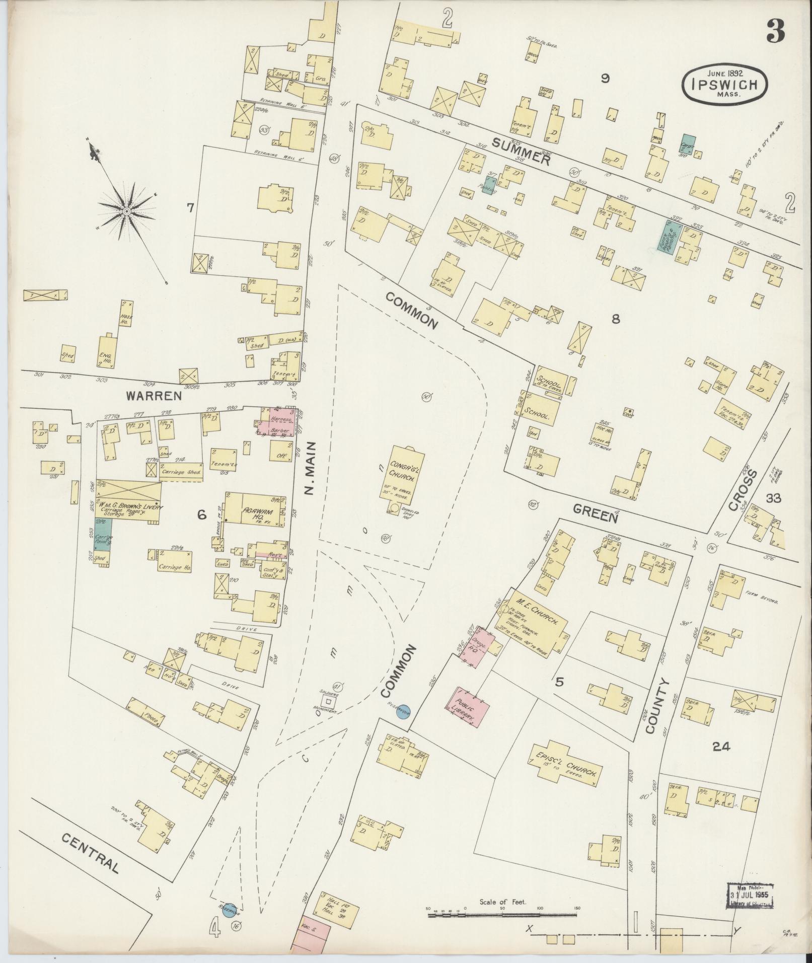 Sanborn Fire Insurance Map from Ipswich, Essex County, Massachusetts (1892), Sheet #0003 - Historic Sanborn Fire Insurance Map Print, vintage old map wall art, antique decor, genealogy gift, Massachusetts Massachusetts map