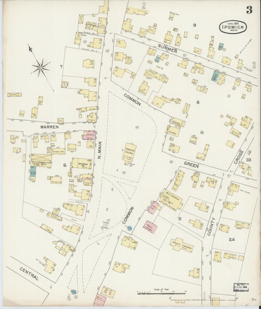 Sanborn Fire Insurance Map from Ipswich, Essex County, Massachusetts (1892), Sheet #0003 - Historic Sanborn Fire Insurance Map Print, vintage old map wall art, antique decor, genealogy gift, Massachusetts Massachusetts map