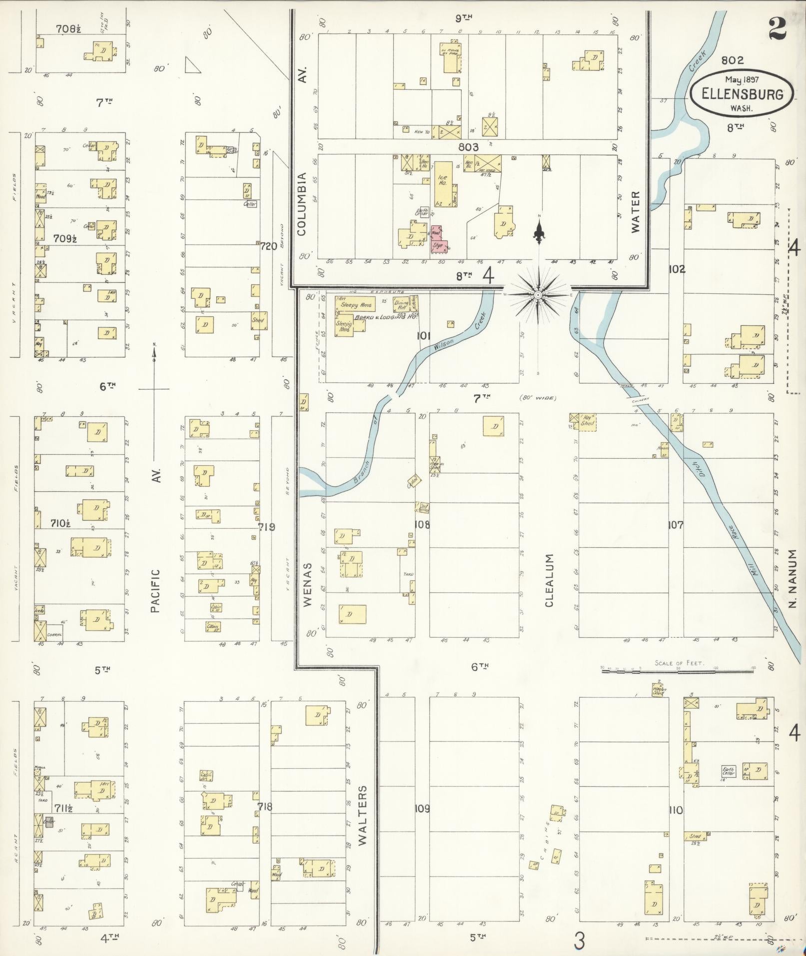 Sanborn Fire Insurance Map from Ellensburg, Kittitas County, Washington (1897), Sheet #0002 - Complete Map Set gallery image, historic Sanborn map, vintage wall art, Washington Washington